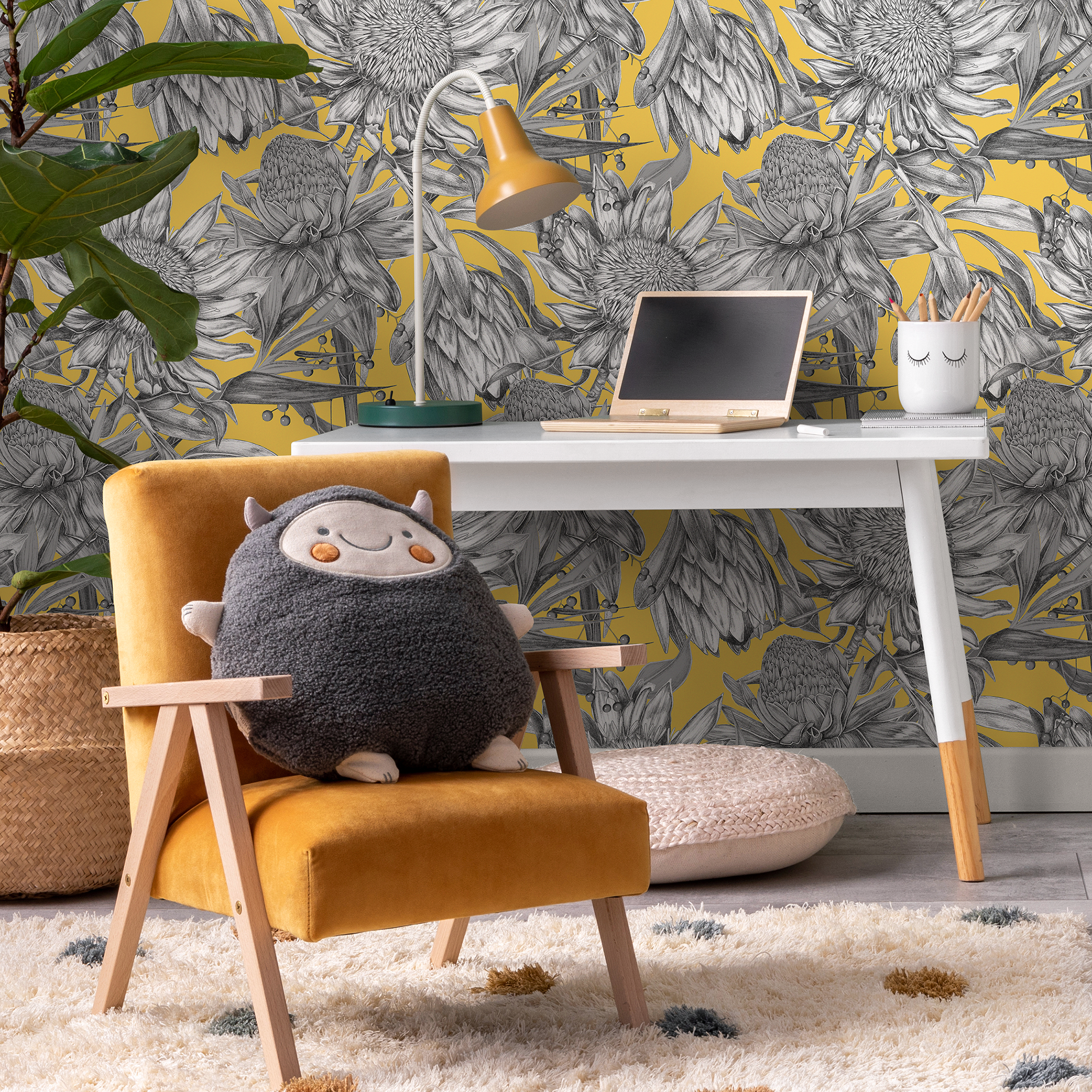 Botanical Wallpaper Featuring Illustrated Protea Flowers In Yellow, Gray, And Black - C003