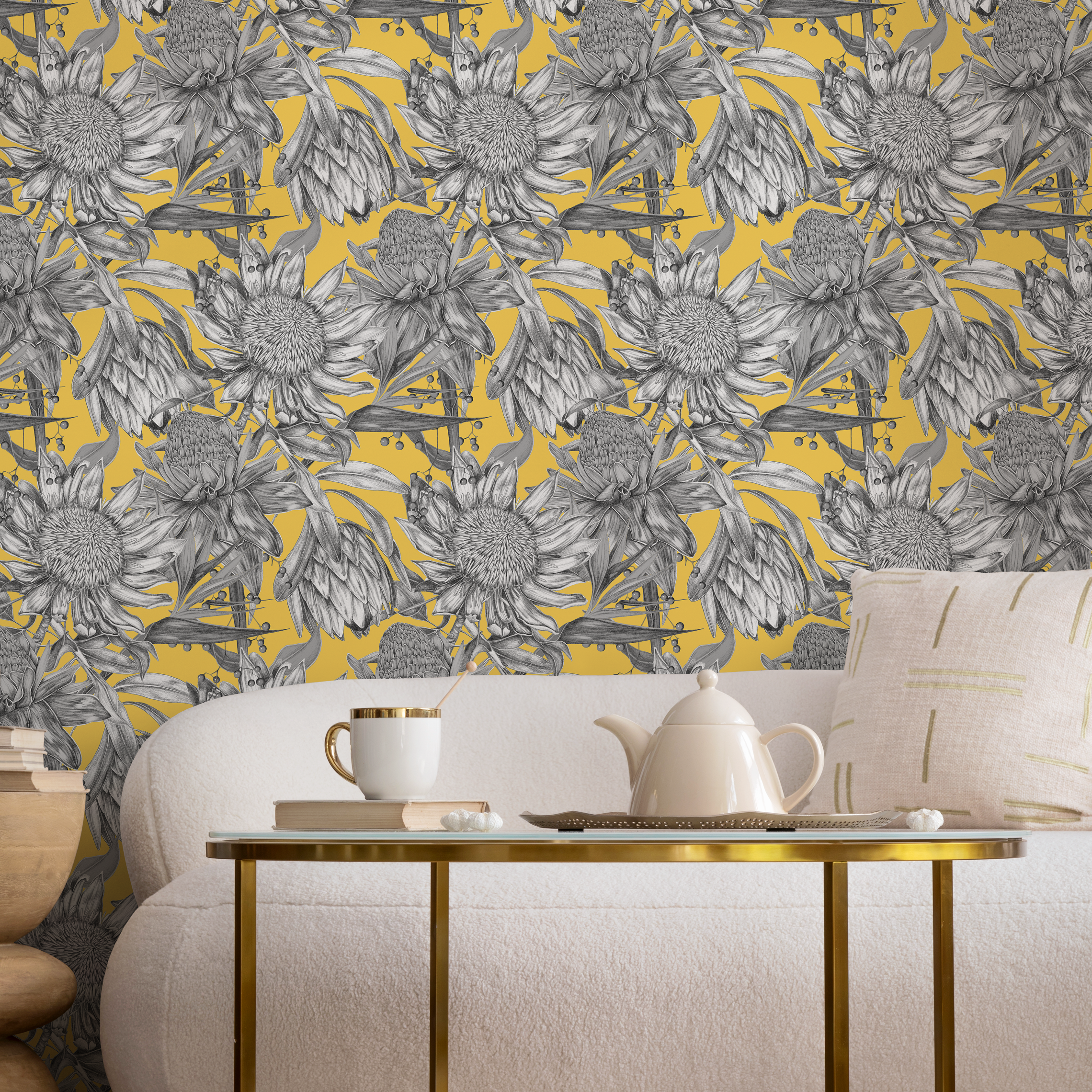Botanical Wallpaper Featuring Illustrated Protea Flowers In Yellow, Gray, And Black - C003
