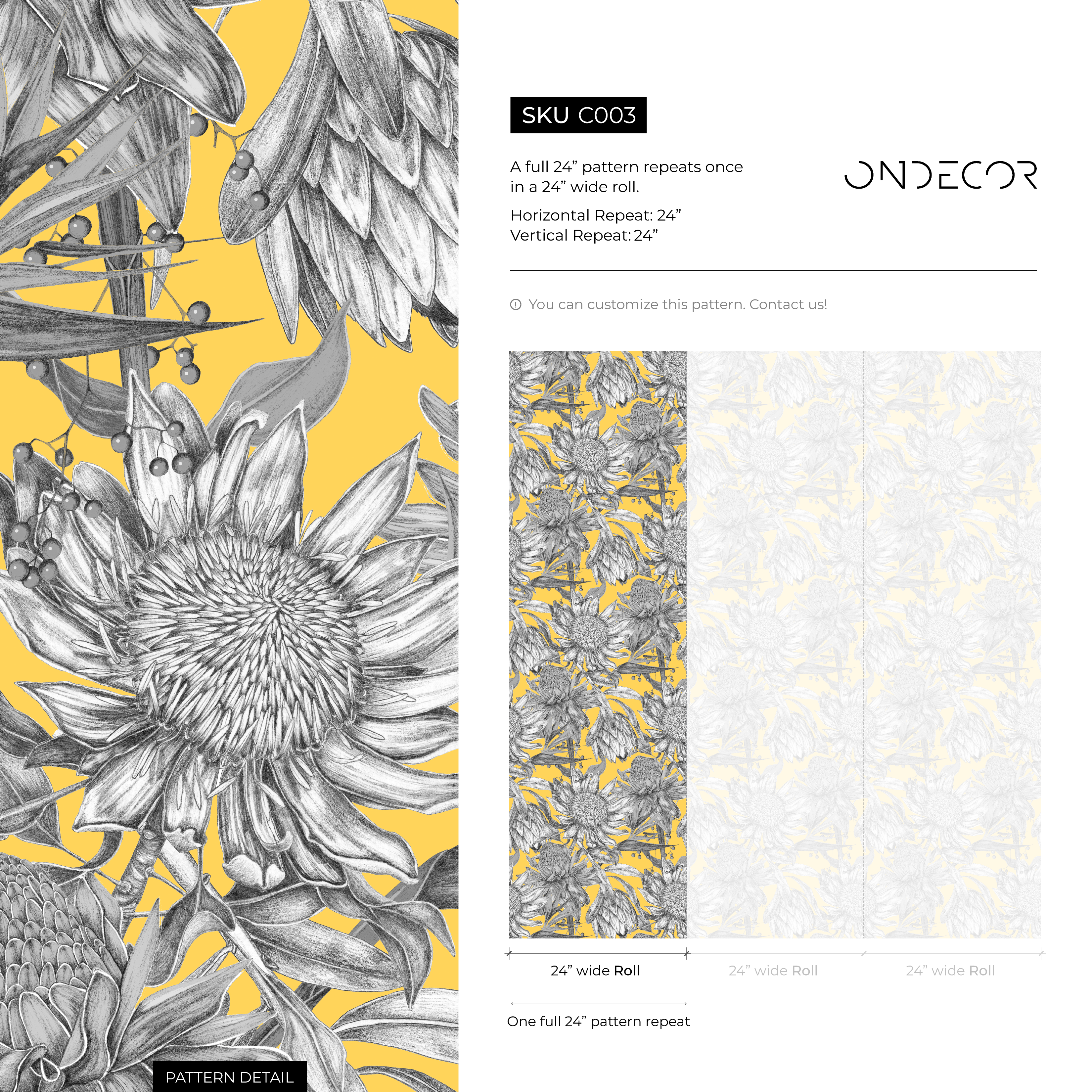 Botanical Wallpaper Featuring Illustrated Protea Flowers In Yellow, Gray, And Black - C003