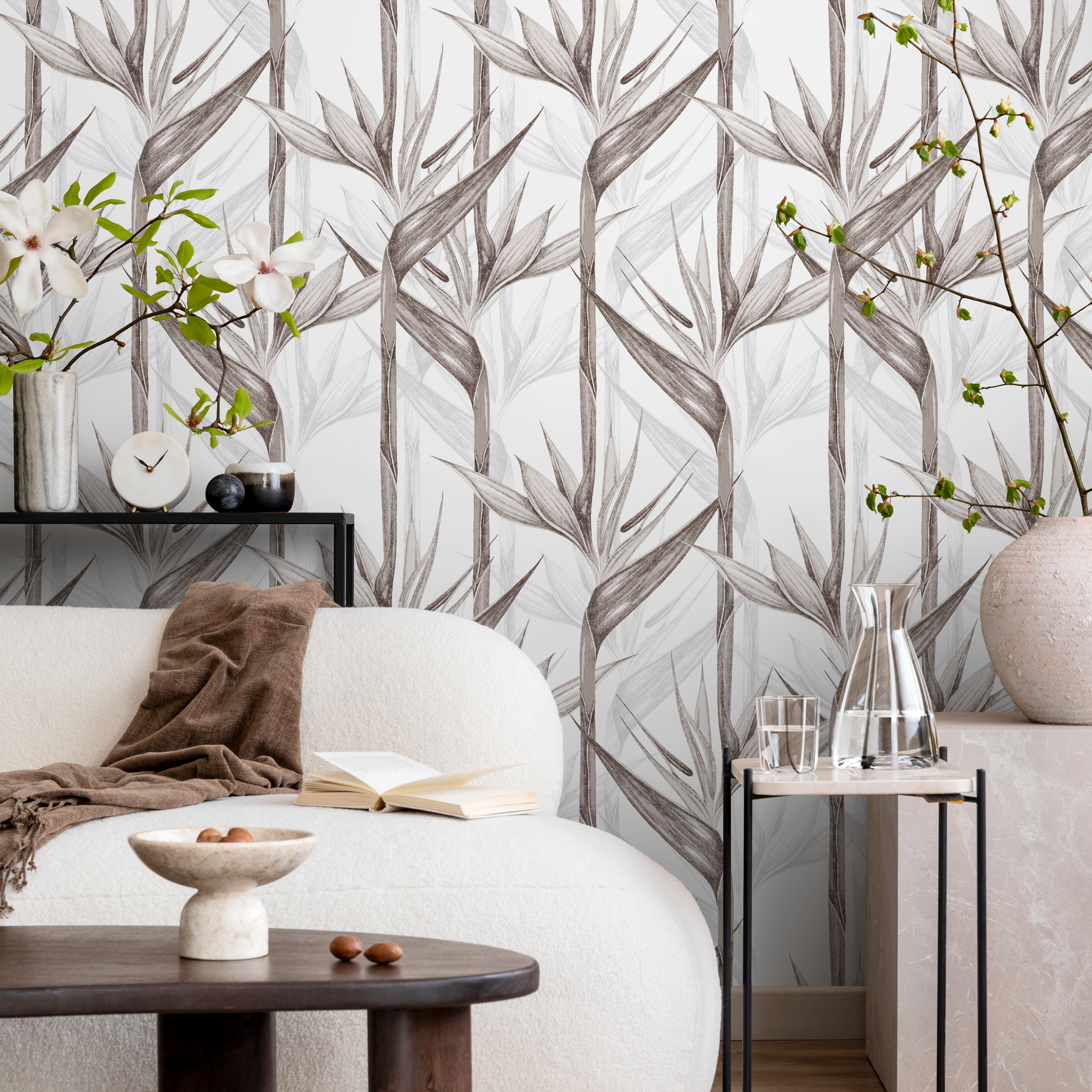 Botanical Wallpaper With Bird Of Paradise Flowers In Brown And Gray - C004