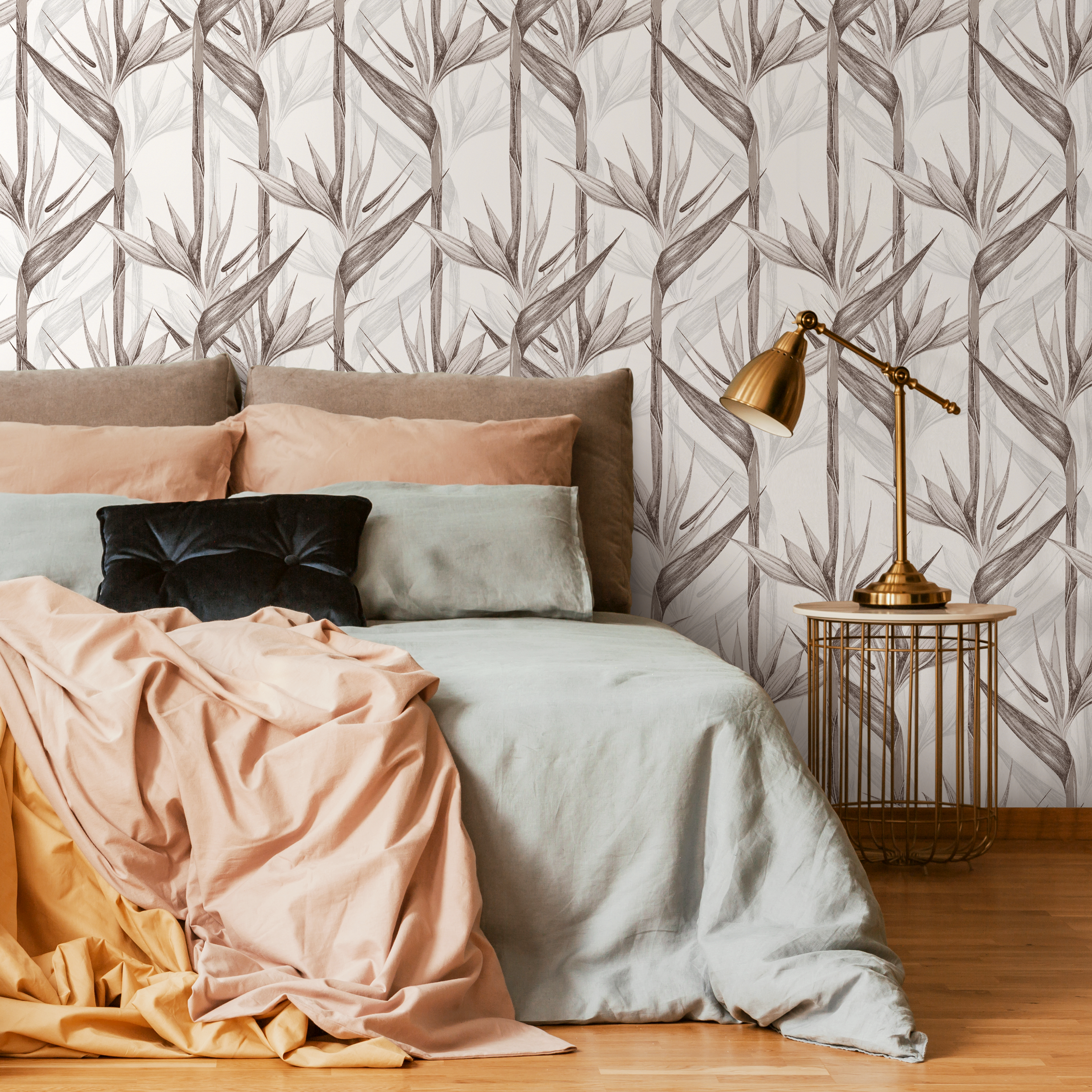 Botanical Wallpaper With Bird Of Paradise Flowers In Brown And Gray - C004
