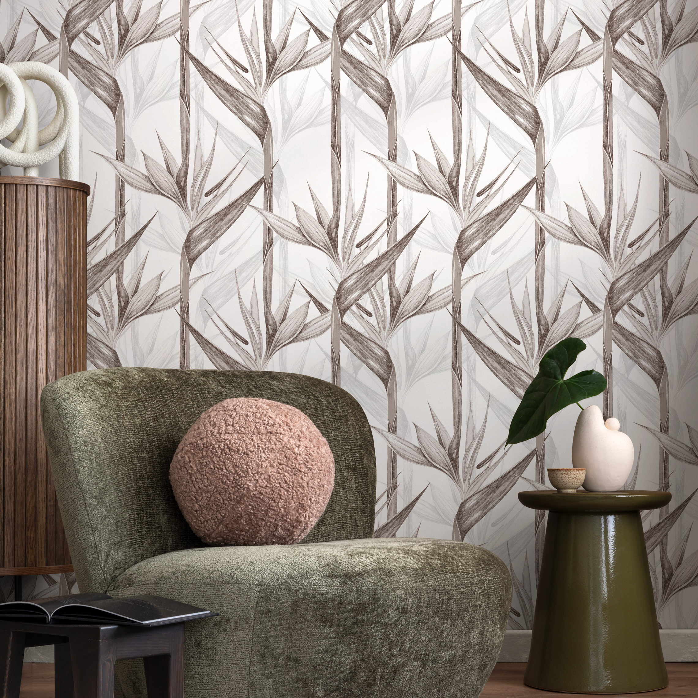 Botanical Wallpaper With Bird Of Paradise Flowers In Brown And Gray - C004