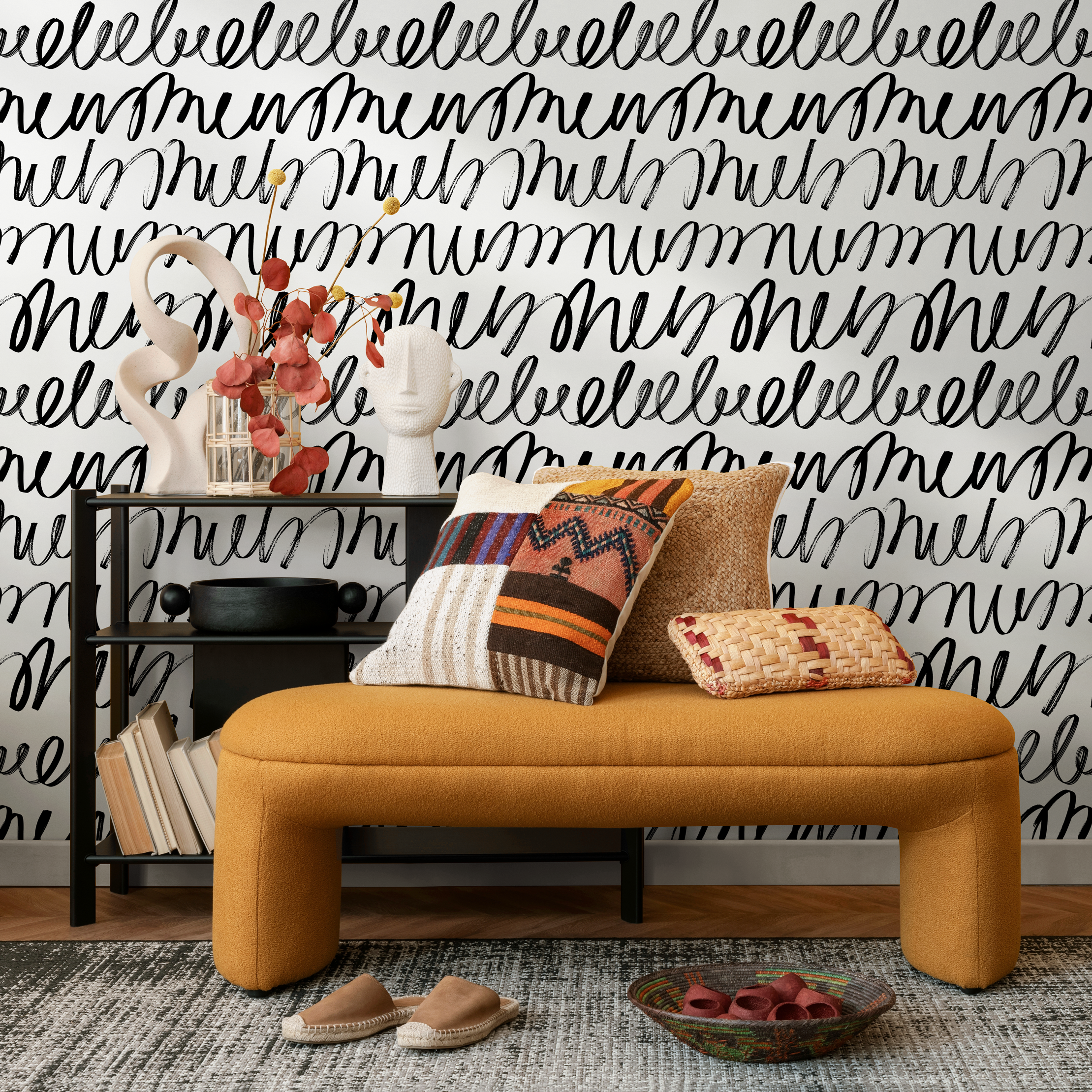 Abstract Wallpaper With A Continuous Script Motif In Black And White - C005