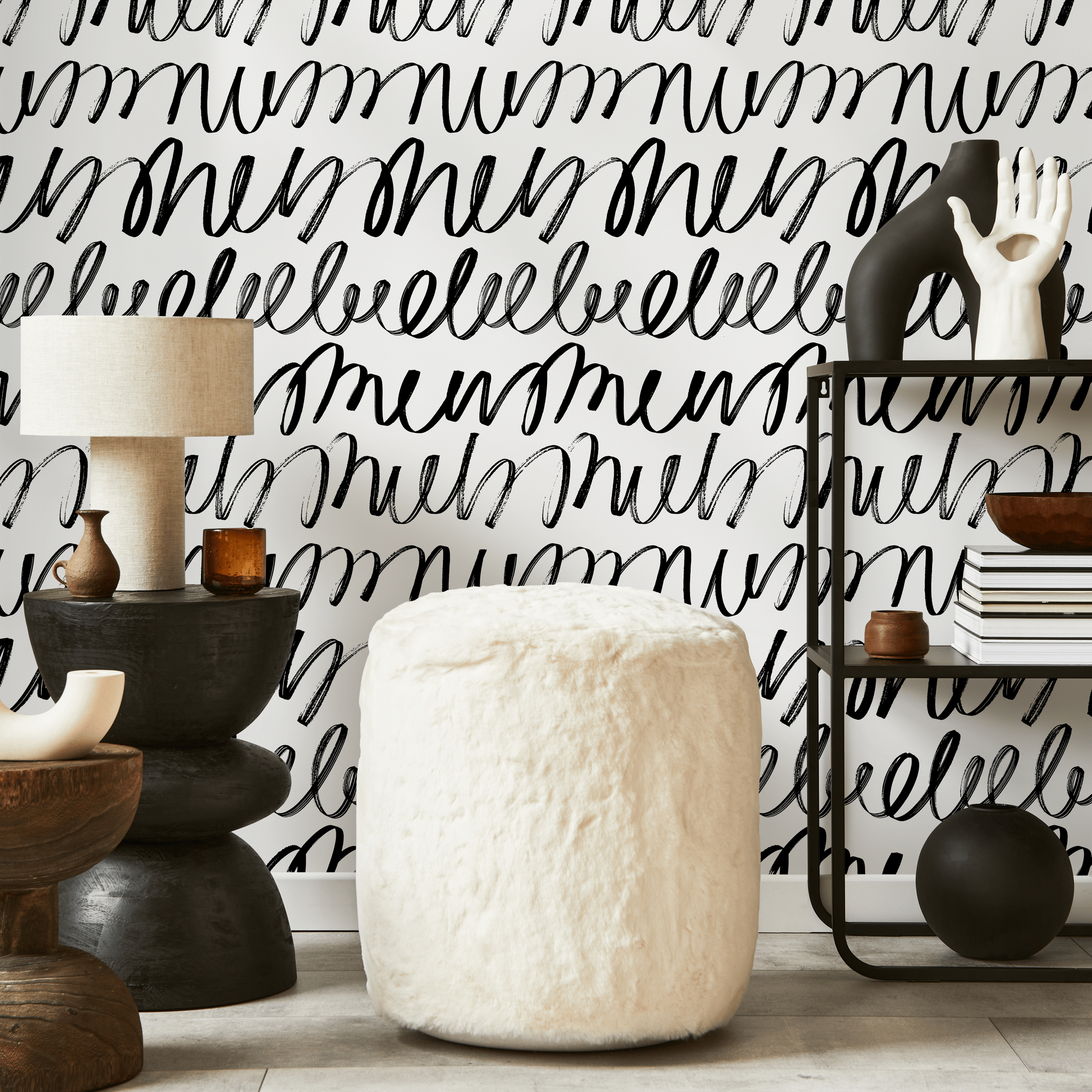 Abstract Wallpaper With A Continuous Script Motif In Black And White - C005