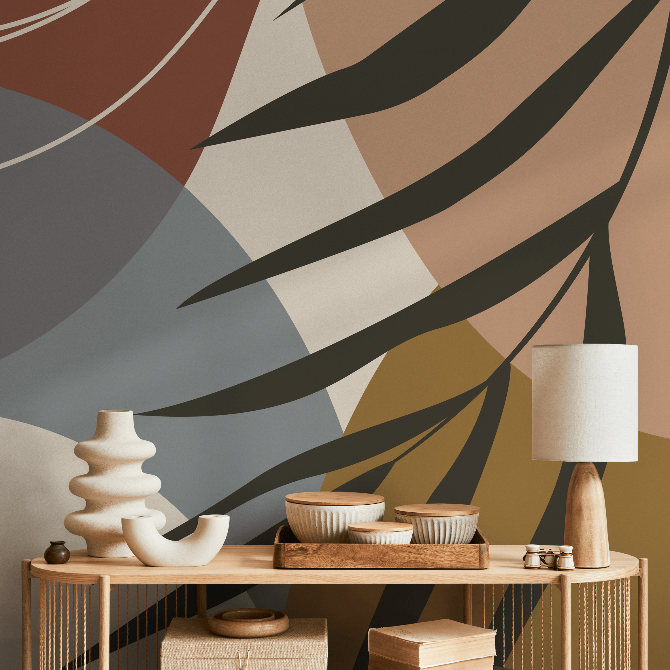 Abstract Wallpaper With A Tropical Leaf Motif In Terracotta, Blue, And Brown - C006