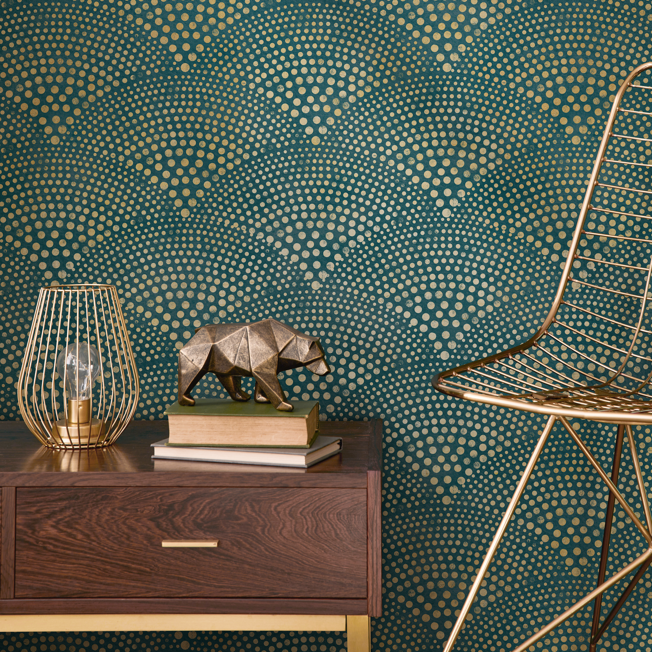 Geometric Wallpaper With A Radiating Dot Motif In Teal And Gold - C008