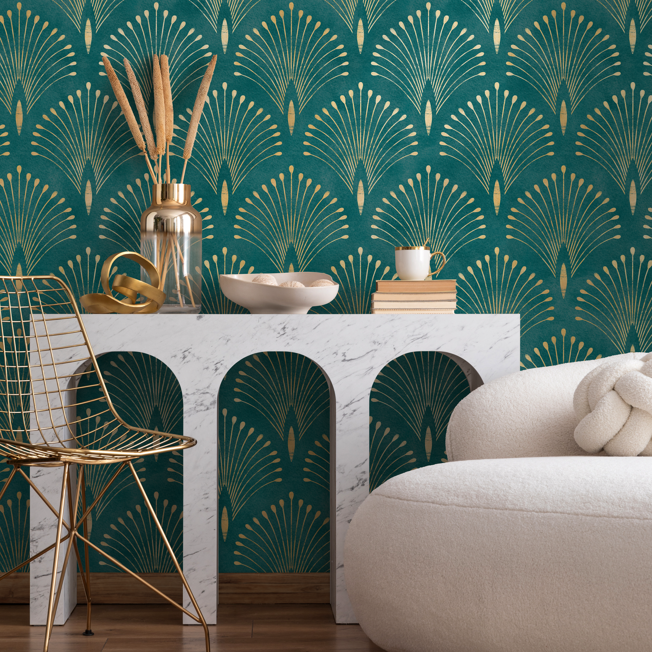 Art Deco Wallpaper With Geometric Palm Fronds In Teal And Gold - C011
