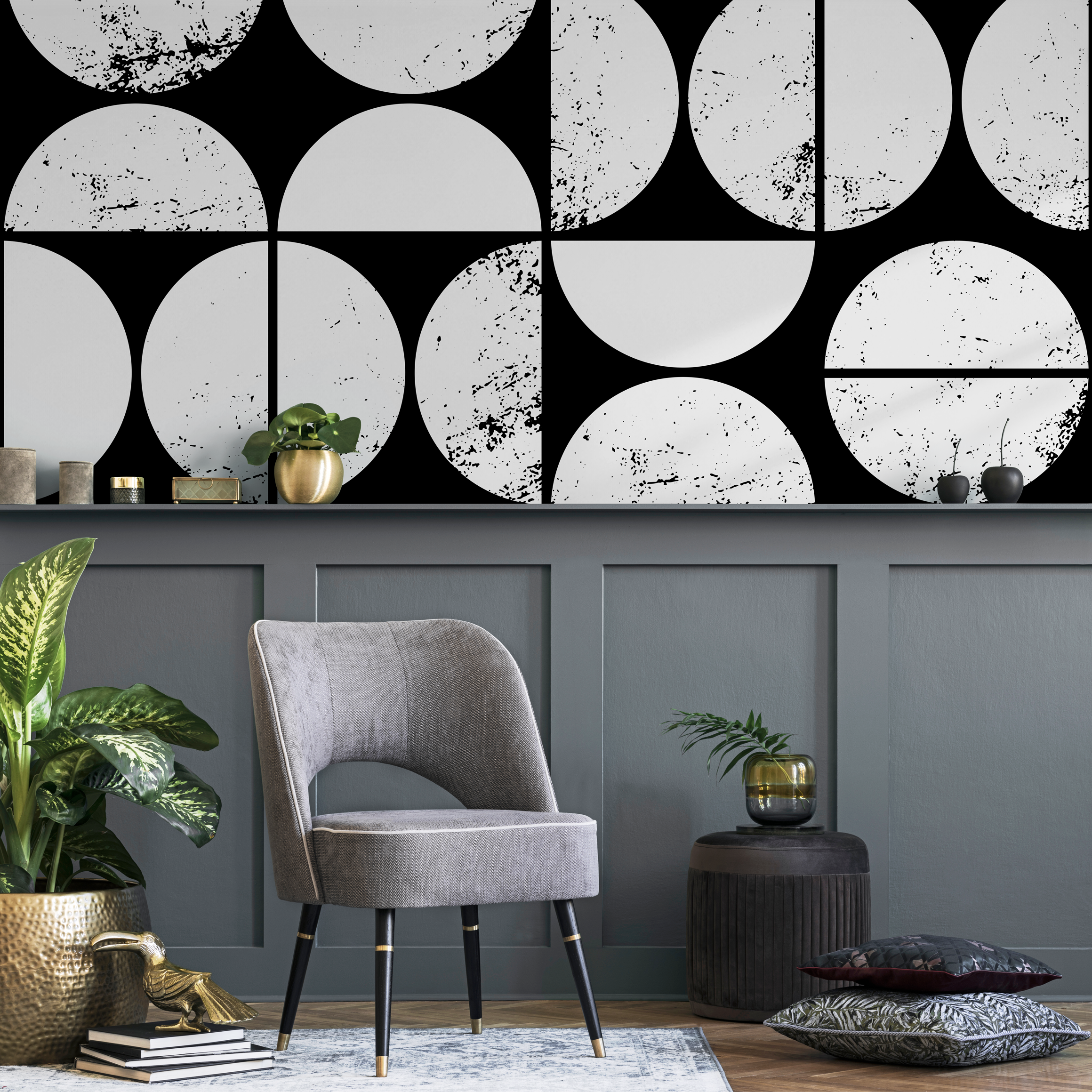 Geometric Wallpaper With A Distressed Circle Grid In Black And Cream - C012