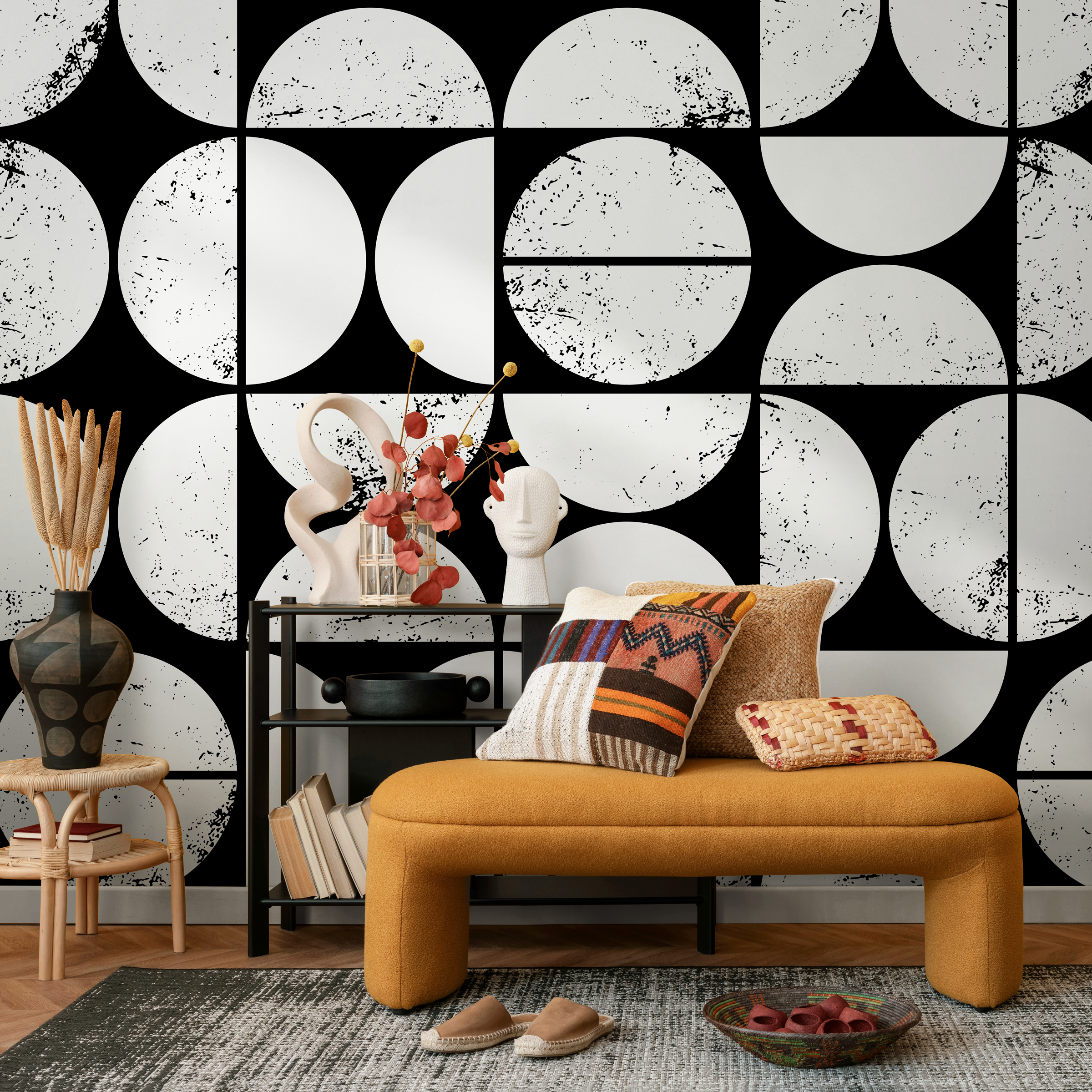 Geometric Wallpaper With A Distressed Circle Grid In Black And Cream - C012
