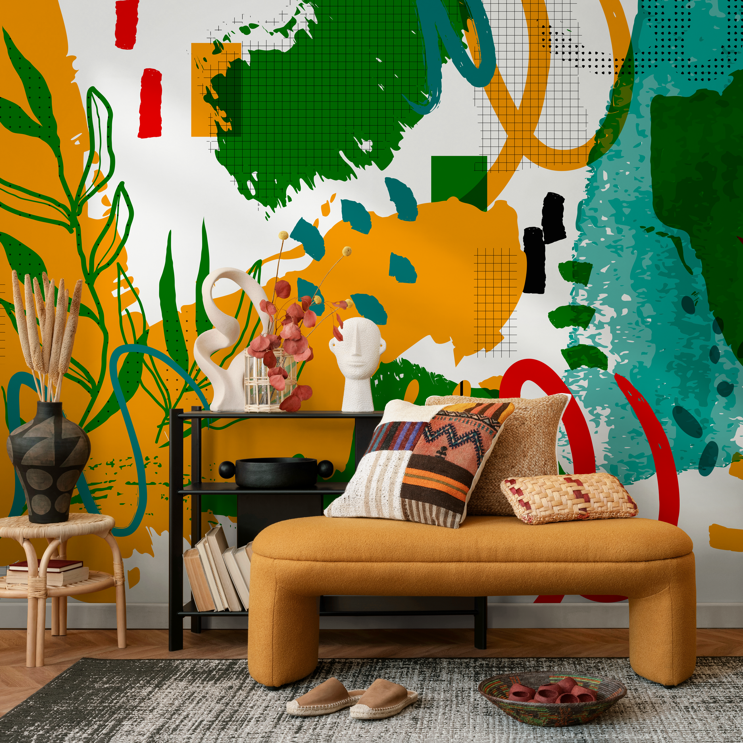 Abstract Wallpaper With A Collage Of Shapes And Lines In Mustard, Green, And Red - C013