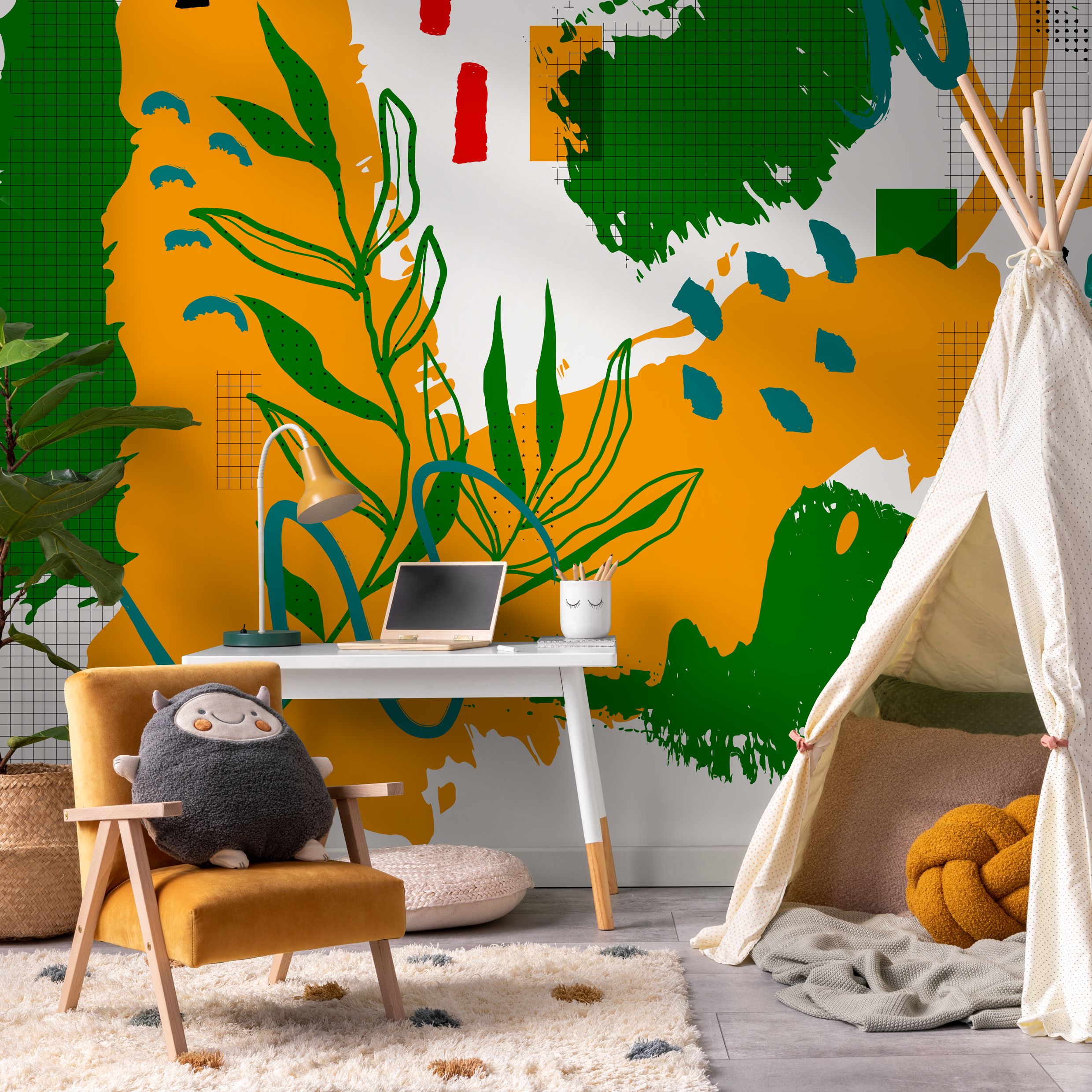 Abstract Wallpaper With A Collage Of Shapes And Lines In Mustard, Green, And Red - C013