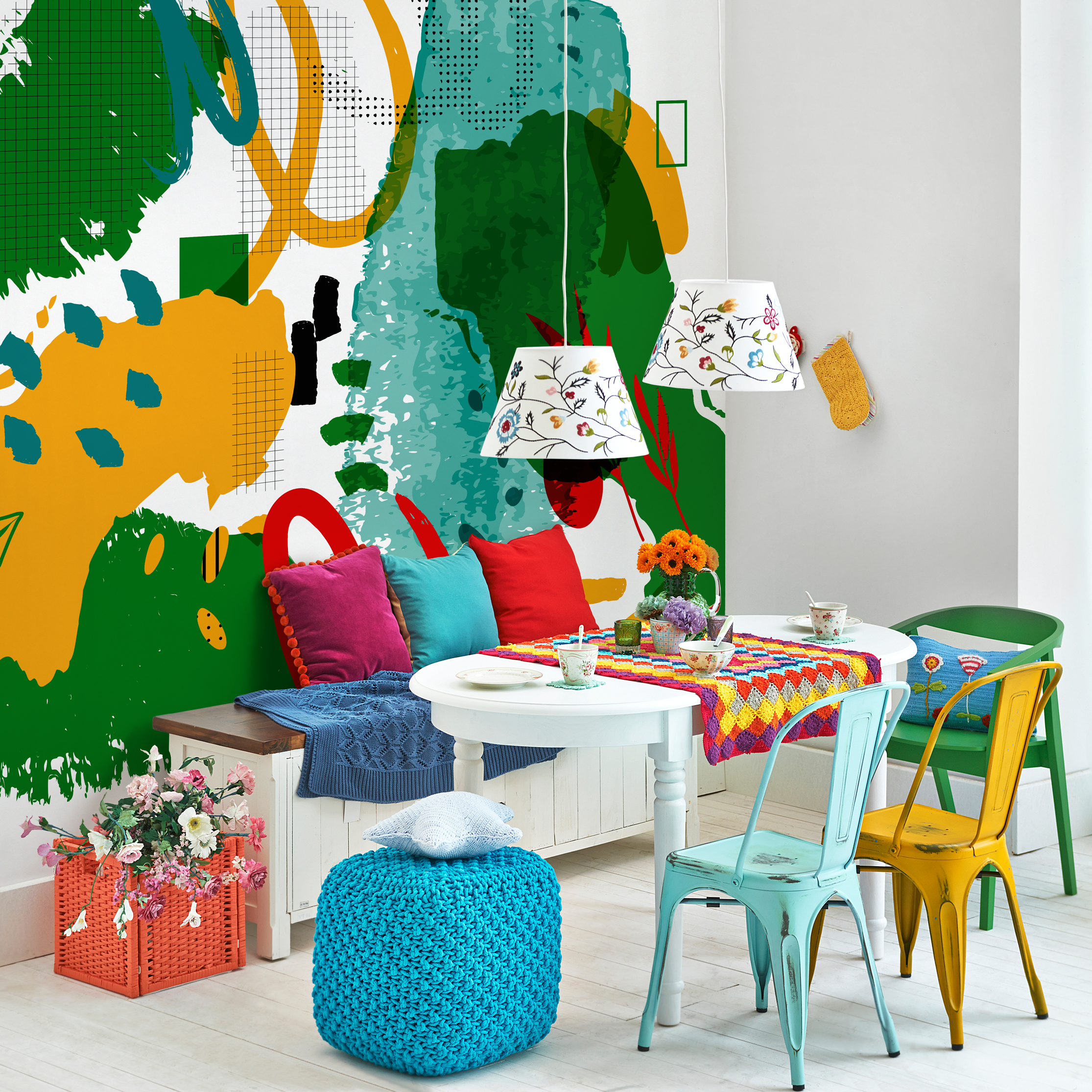 Abstract Wallpaper With A Collage Of Shapes And Lines In Mustard, Green, And Red - C013