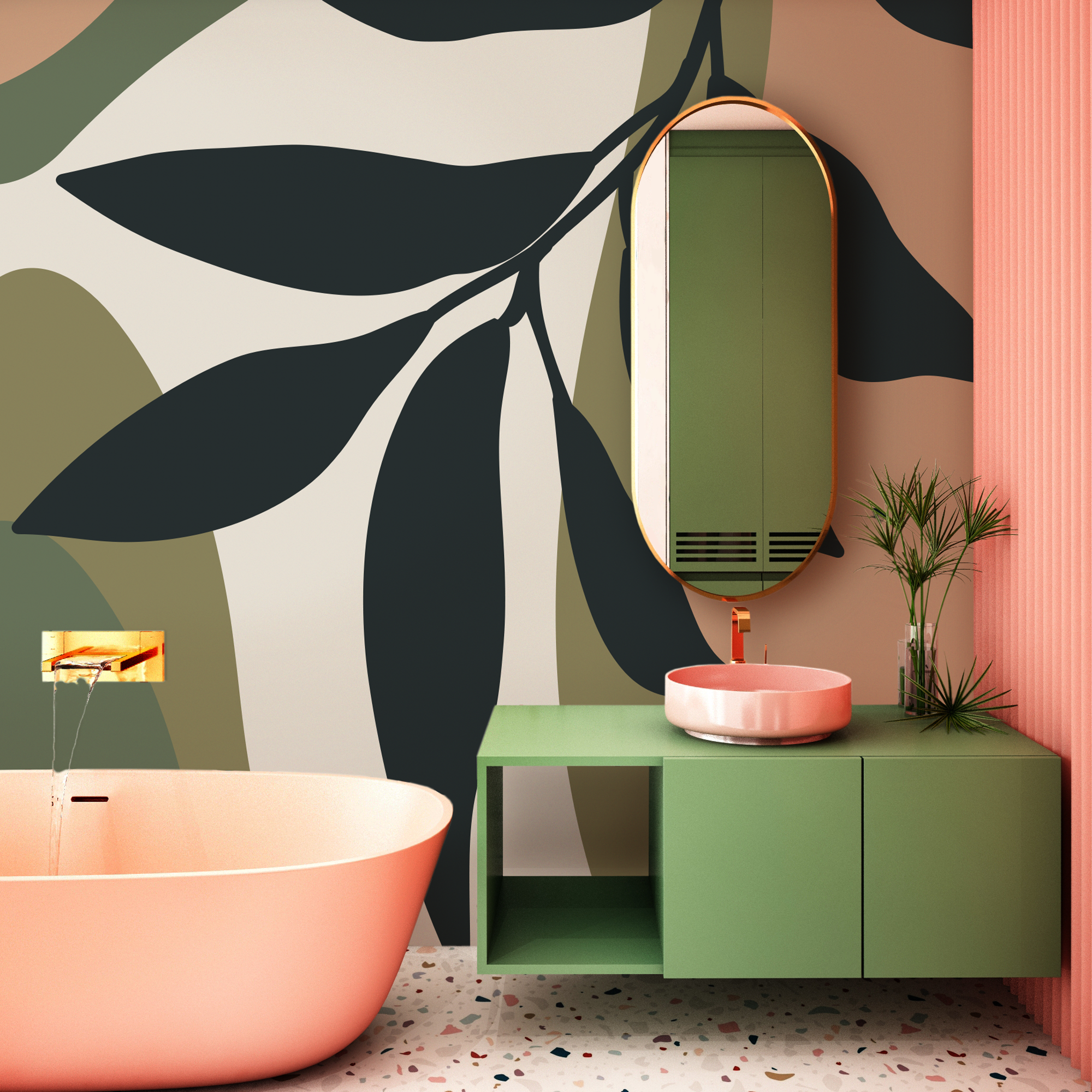 Abstract Botanical Wallpaper In Charcoal, Green, And Terracotta - C015