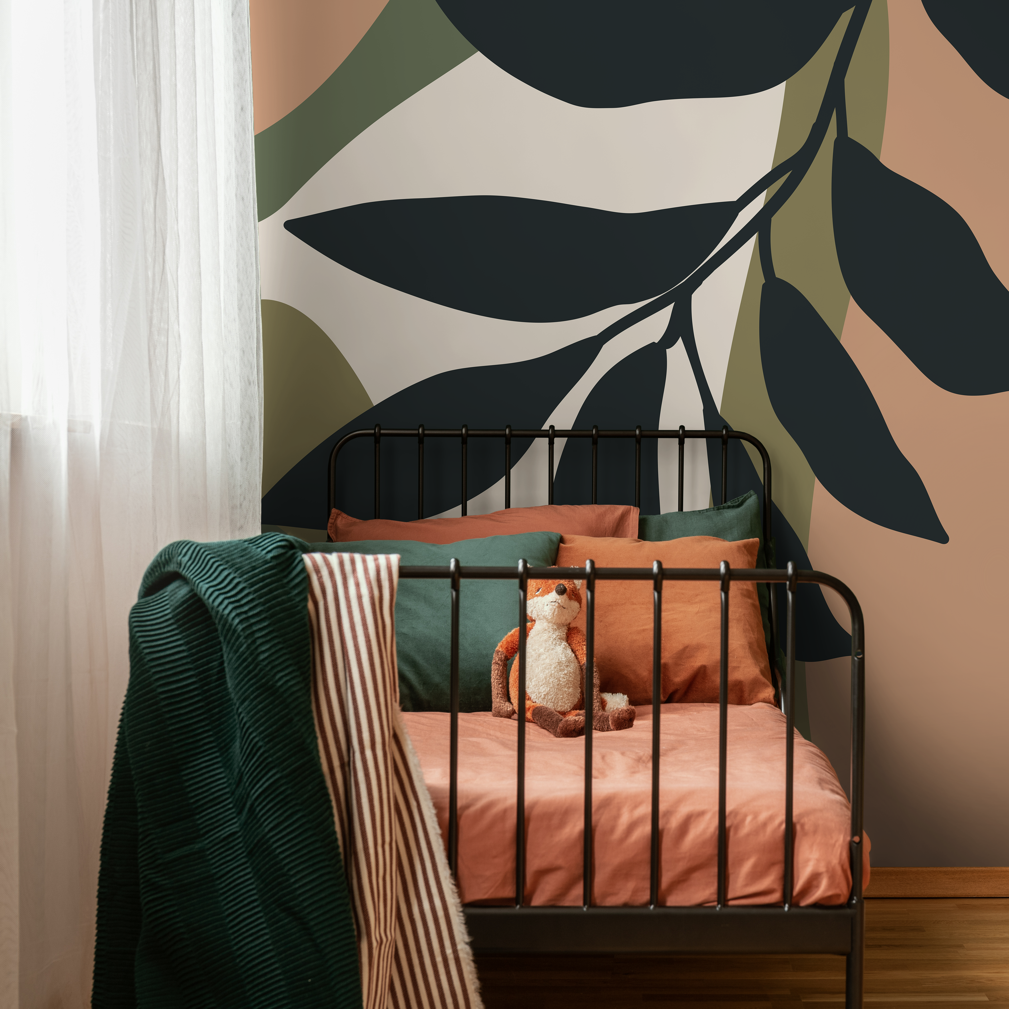 Abstract Botanical Wallpaper In Charcoal, Green, And Terracotta - C015
