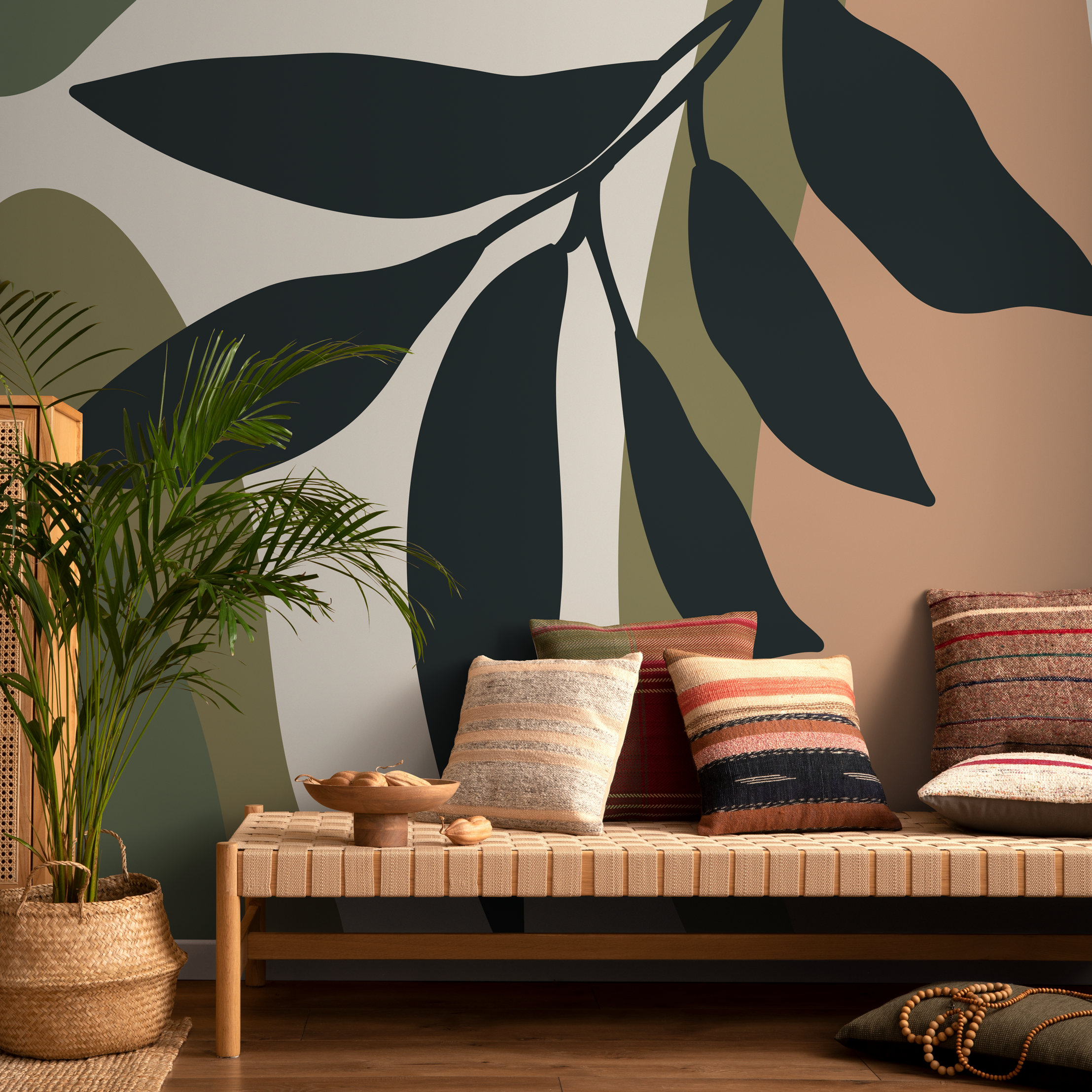 Abstract Botanical Wallpaper In Charcoal, Green, And Terracotta - C015