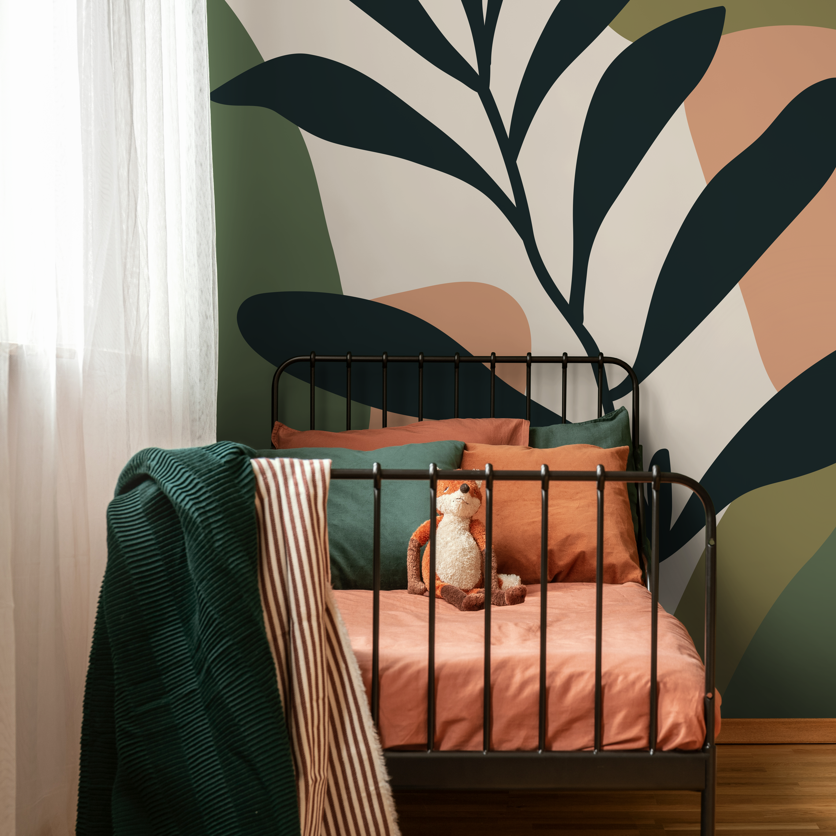 Botanical Wallpaper With Abstract Shapes In Green, Black, And Terracotta - C016