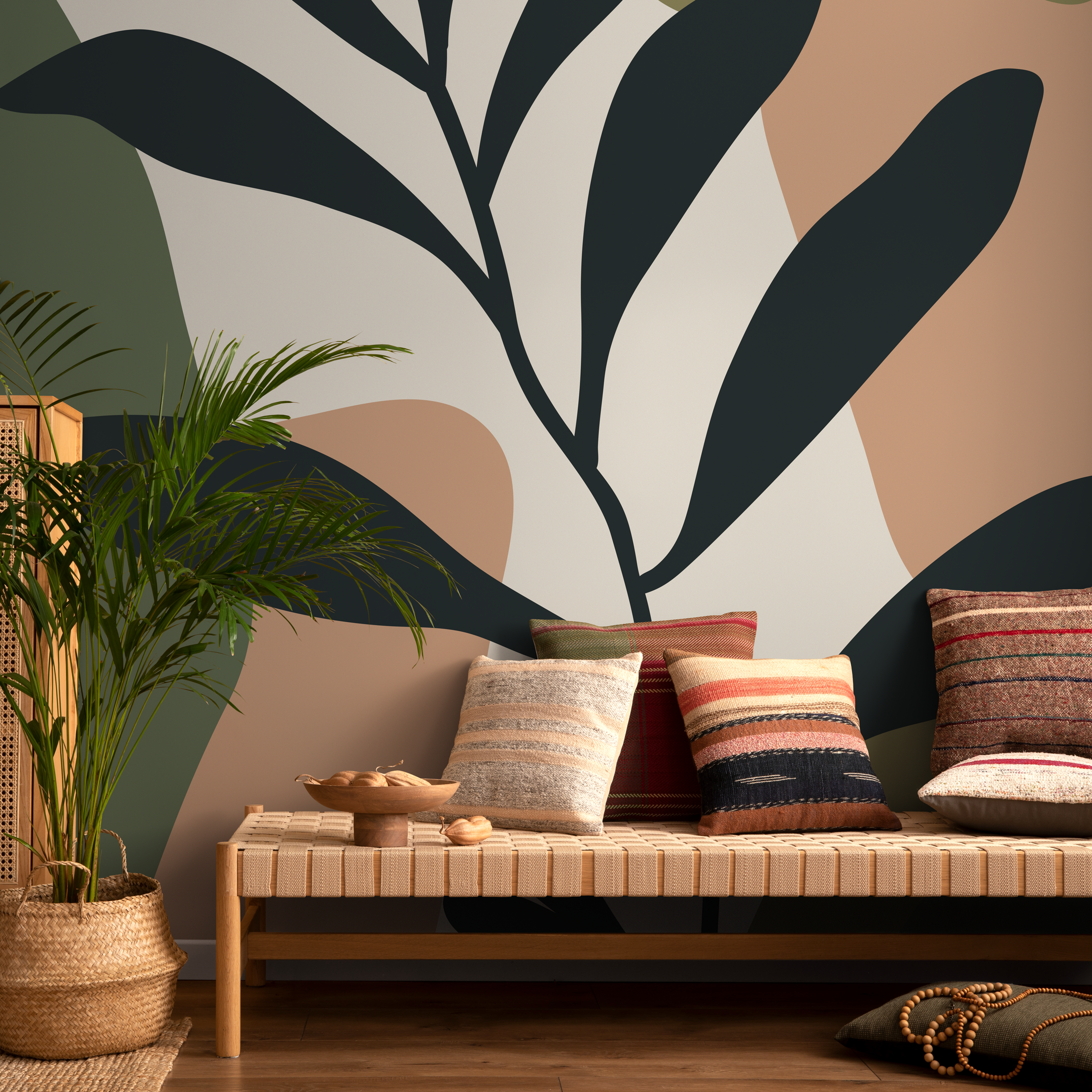 Botanical Wallpaper With Abstract Shapes In Green, Black, And Terracotta - C016
