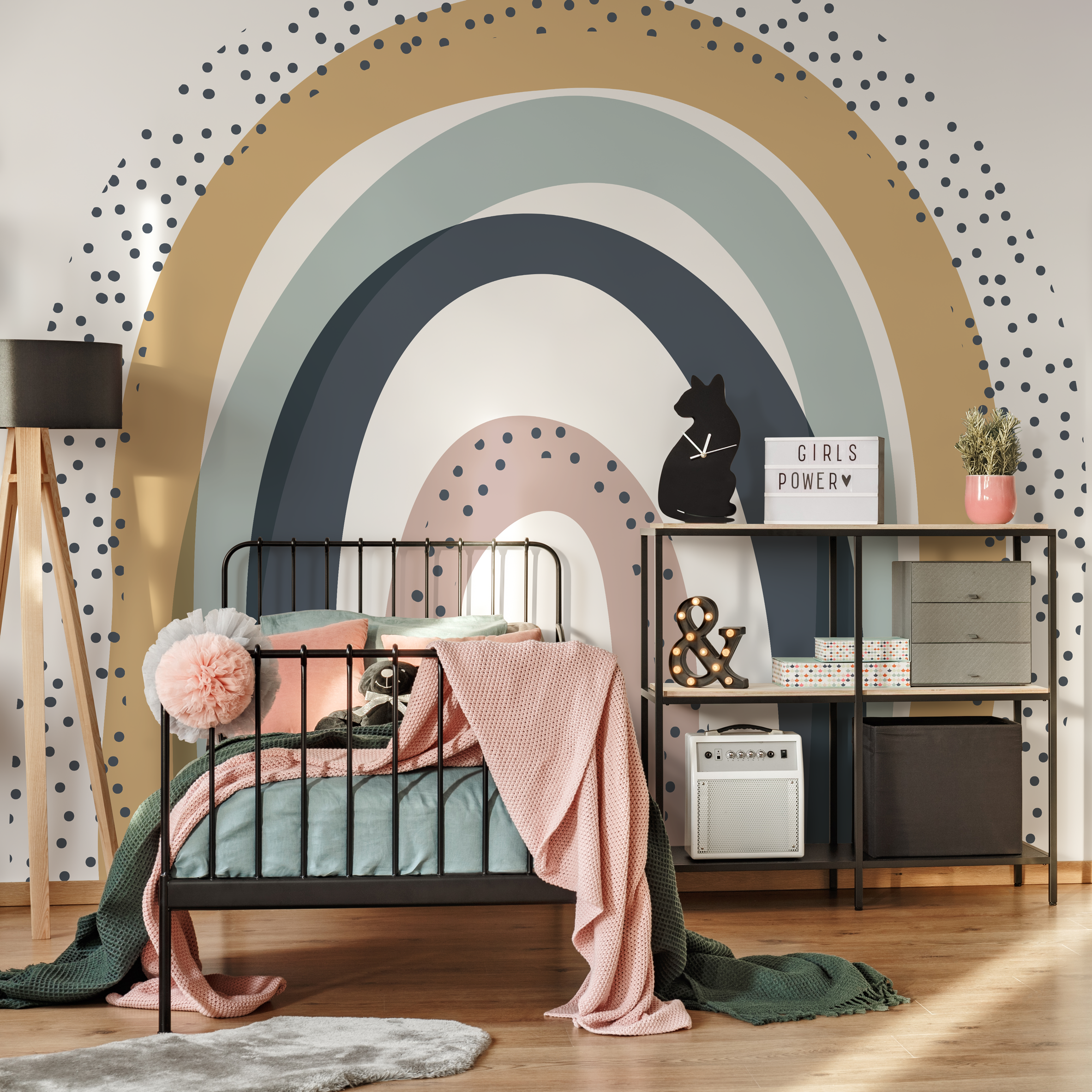 Abstract Wallpaper With A Dotted Rainbow Arch In Pink, Blue, And Ochre - C017