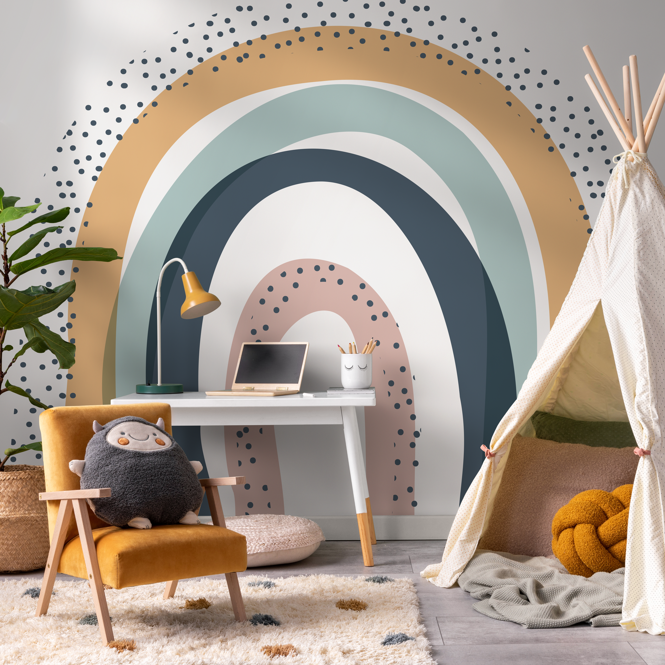 Abstract Wallpaper With A Dotted Rainbow Arch In Pink, Blue, And Ochre - C017