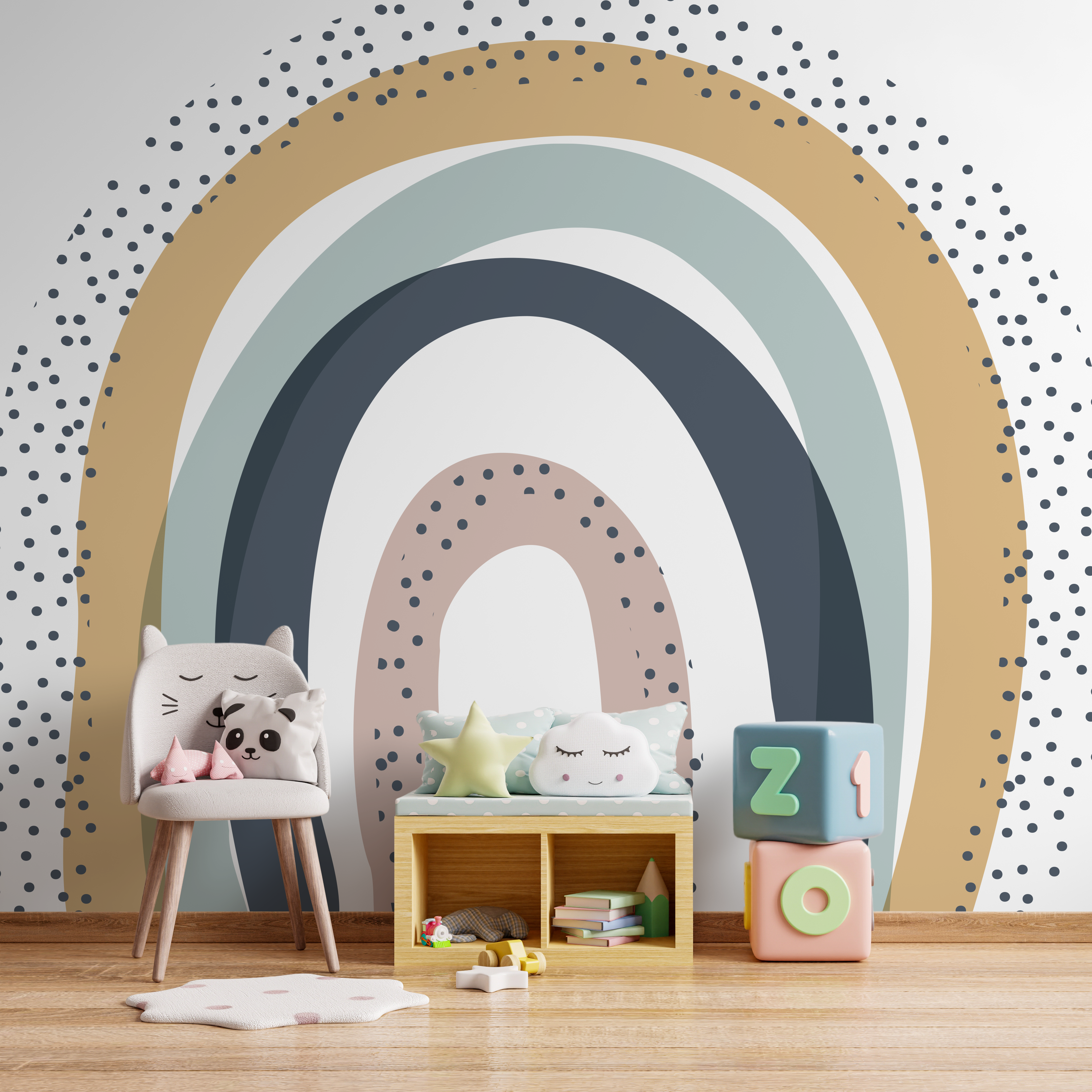 Abstract Wallpaper With A Dotted Rainbow Arch In Pink, Blue, And Ochre - C017