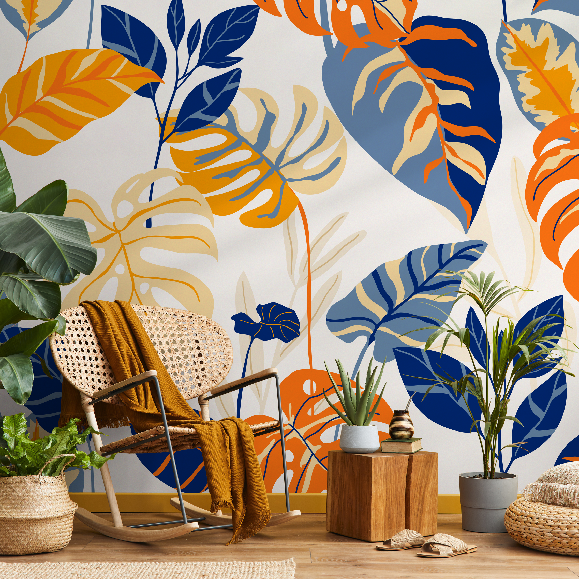 Botanical Wallpaper With Bold Tropical Leaves In Blue, Orange, And Yellow - C018