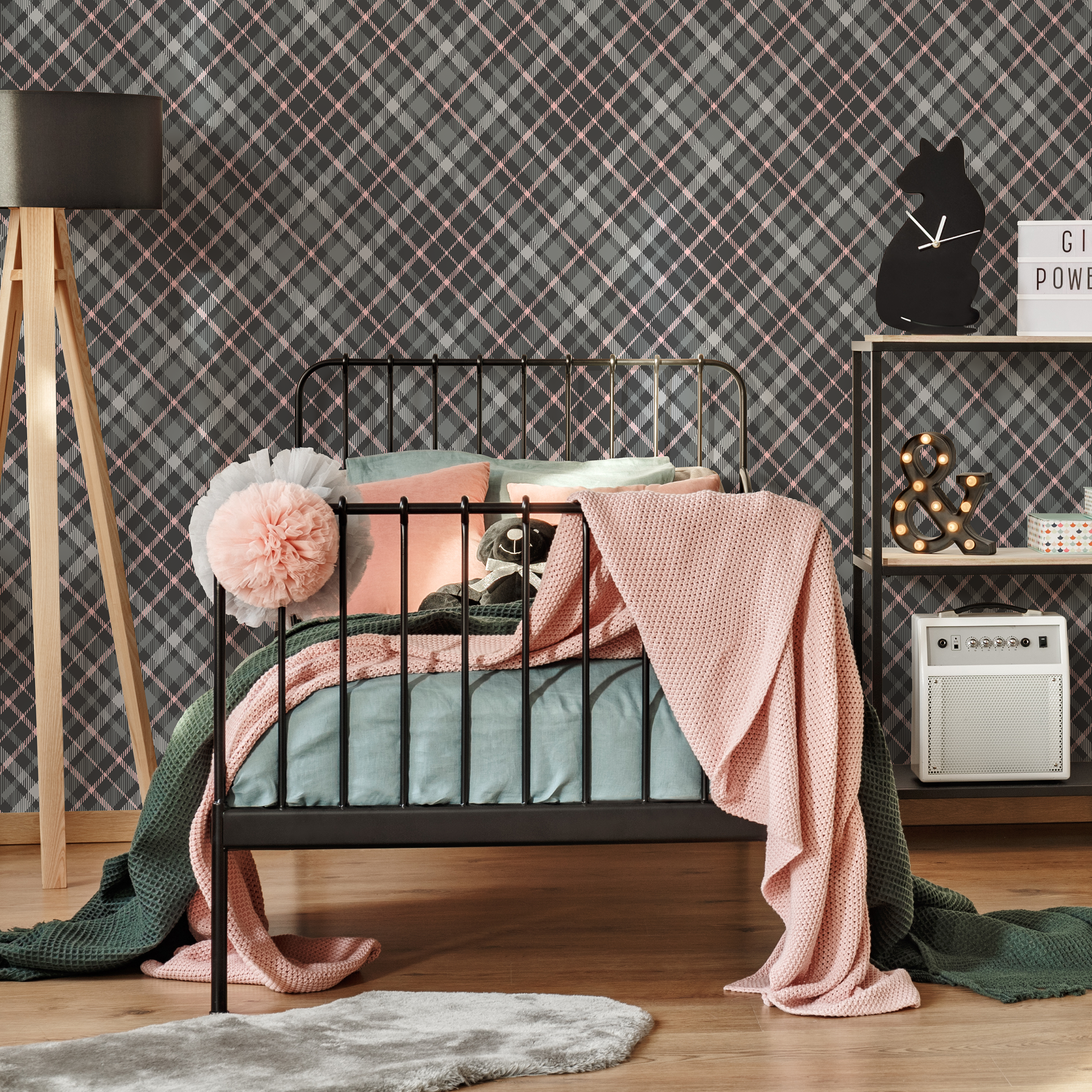 Plaid Wallpaper With A Diagonal Tartan Motif In Gray And Pink - C020