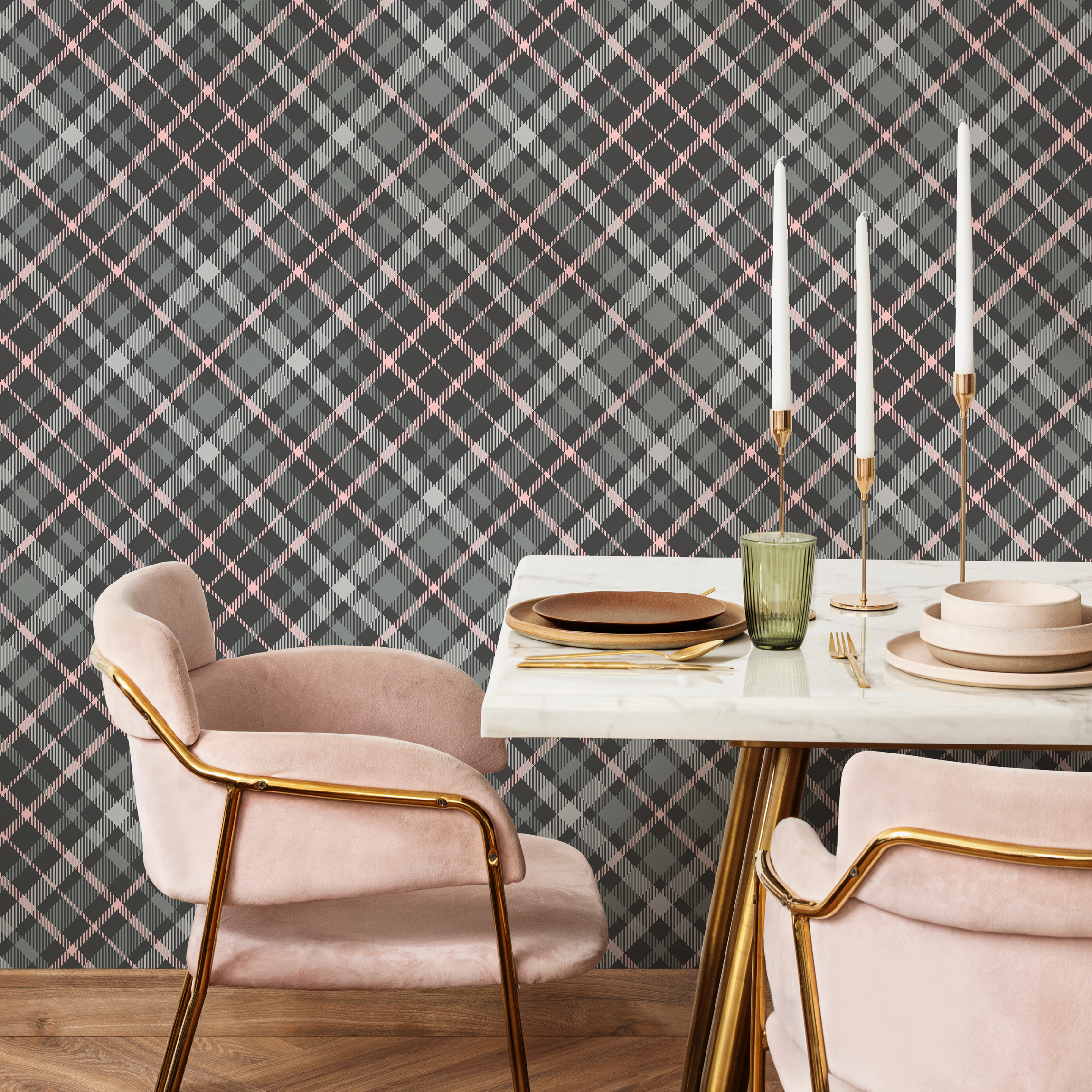 Plaid Wallpaper With A Diagonal Tartan Motif In Gray And Pink - C020