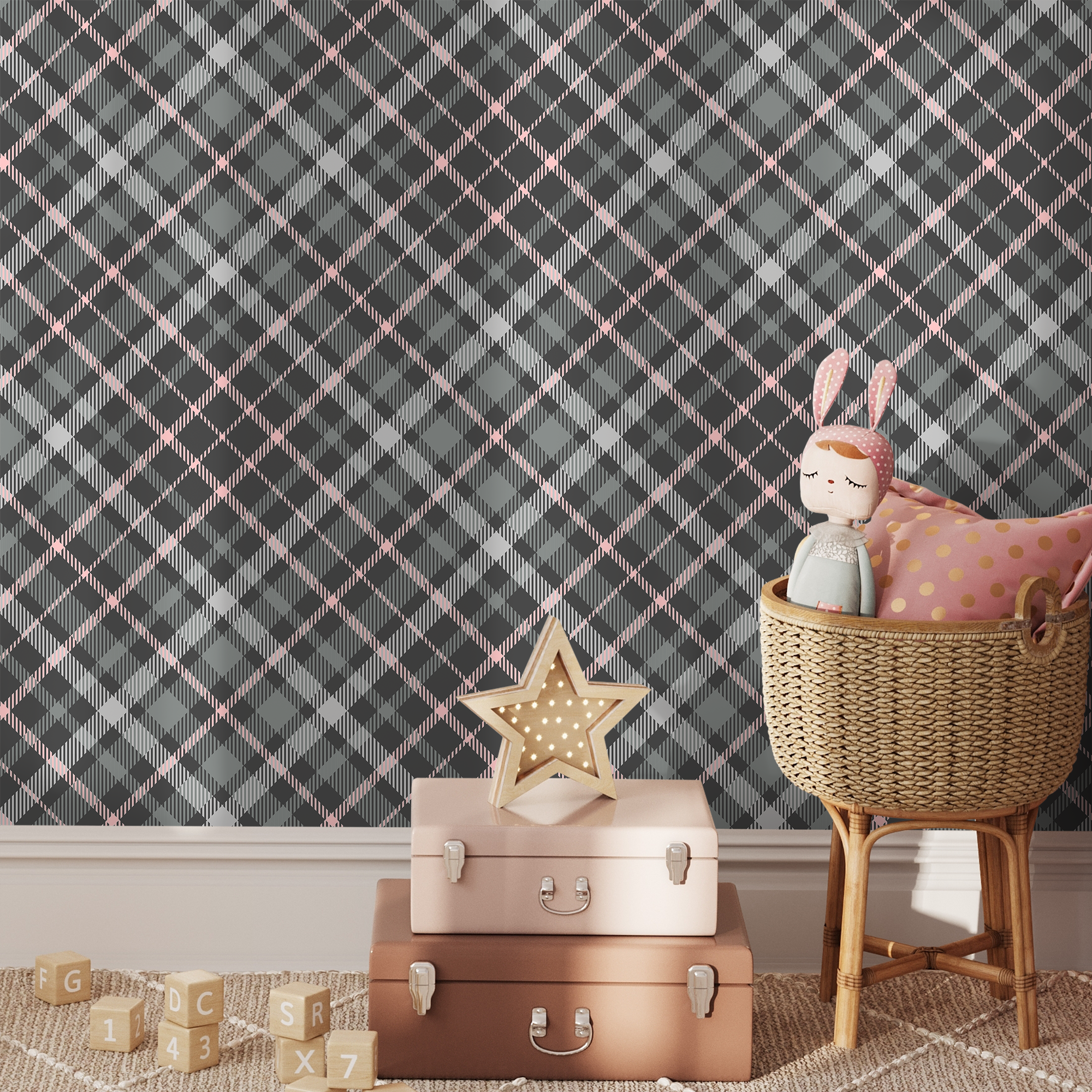 Plaid Wallpaper With A Diagonal Tartan Motif In Gray And Pink - C020