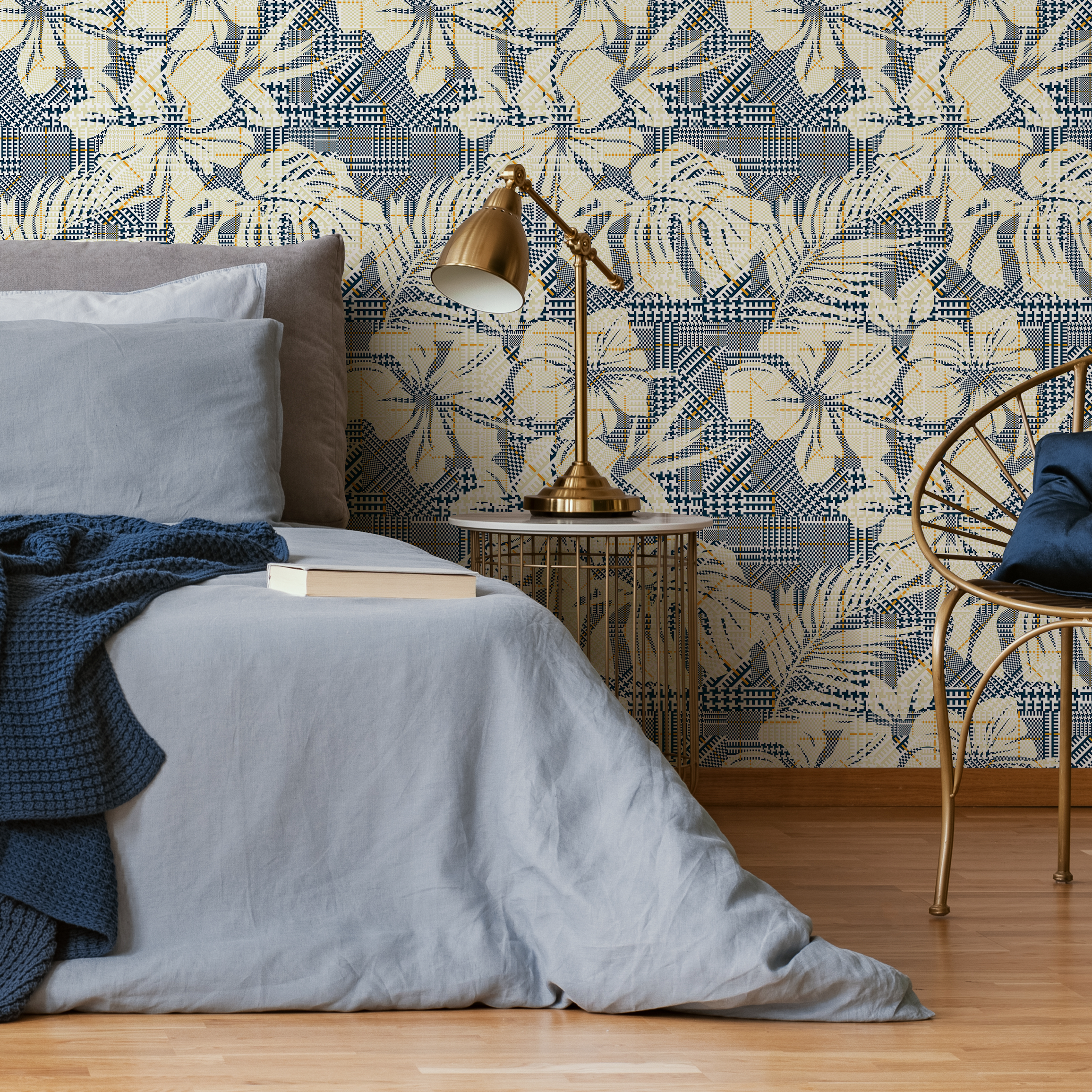 Botanical Wallpaper With Geometric Patchwork In Navy Blue, Cream, And Yellow - C021