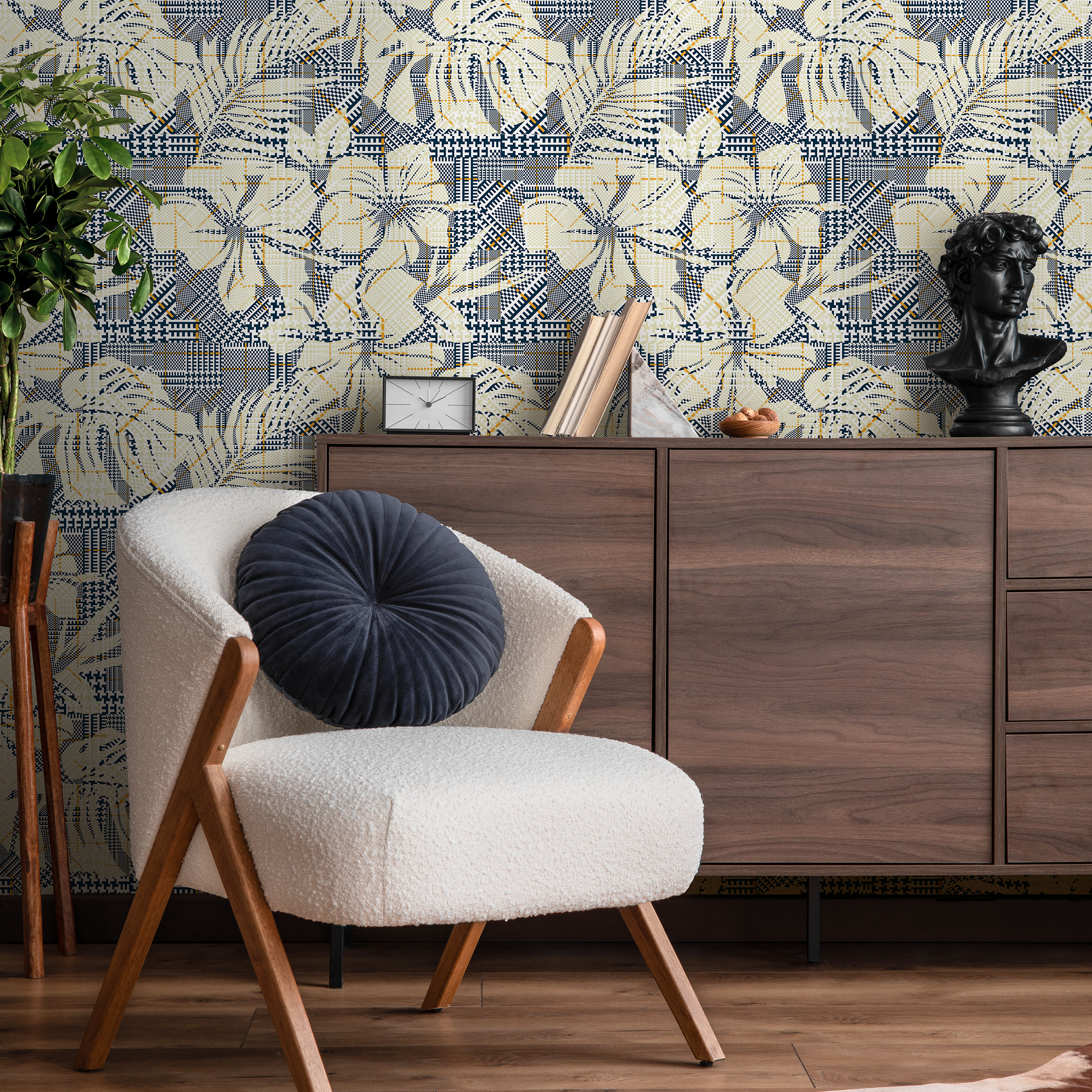 Botanical Wallpaper With Geometric Patchwork In Navy Blue, Cream, And Yellow - C021