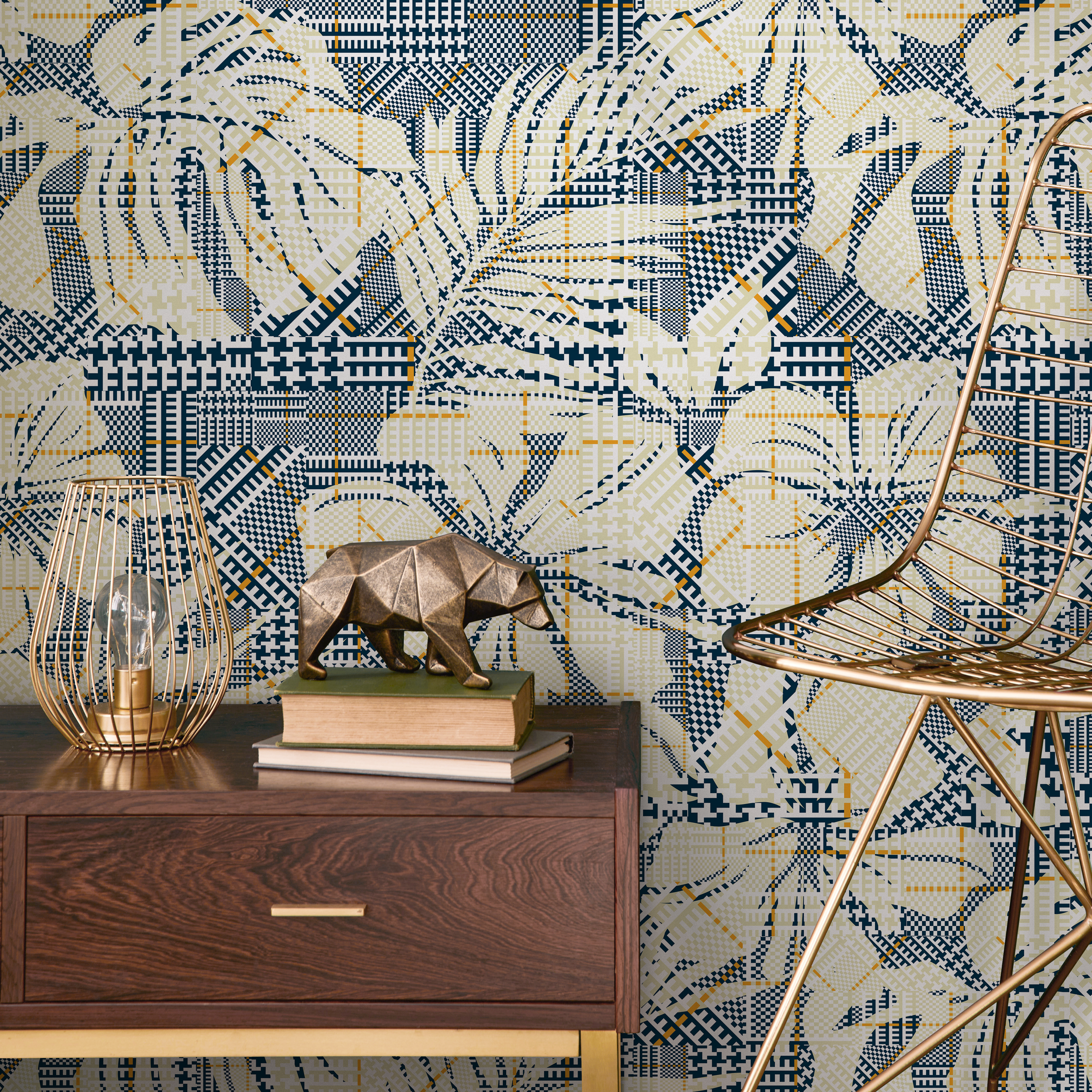 Botanical Wallpaper With Geometric Patchwork In Navy Blue, Cream, And Yellow - C021