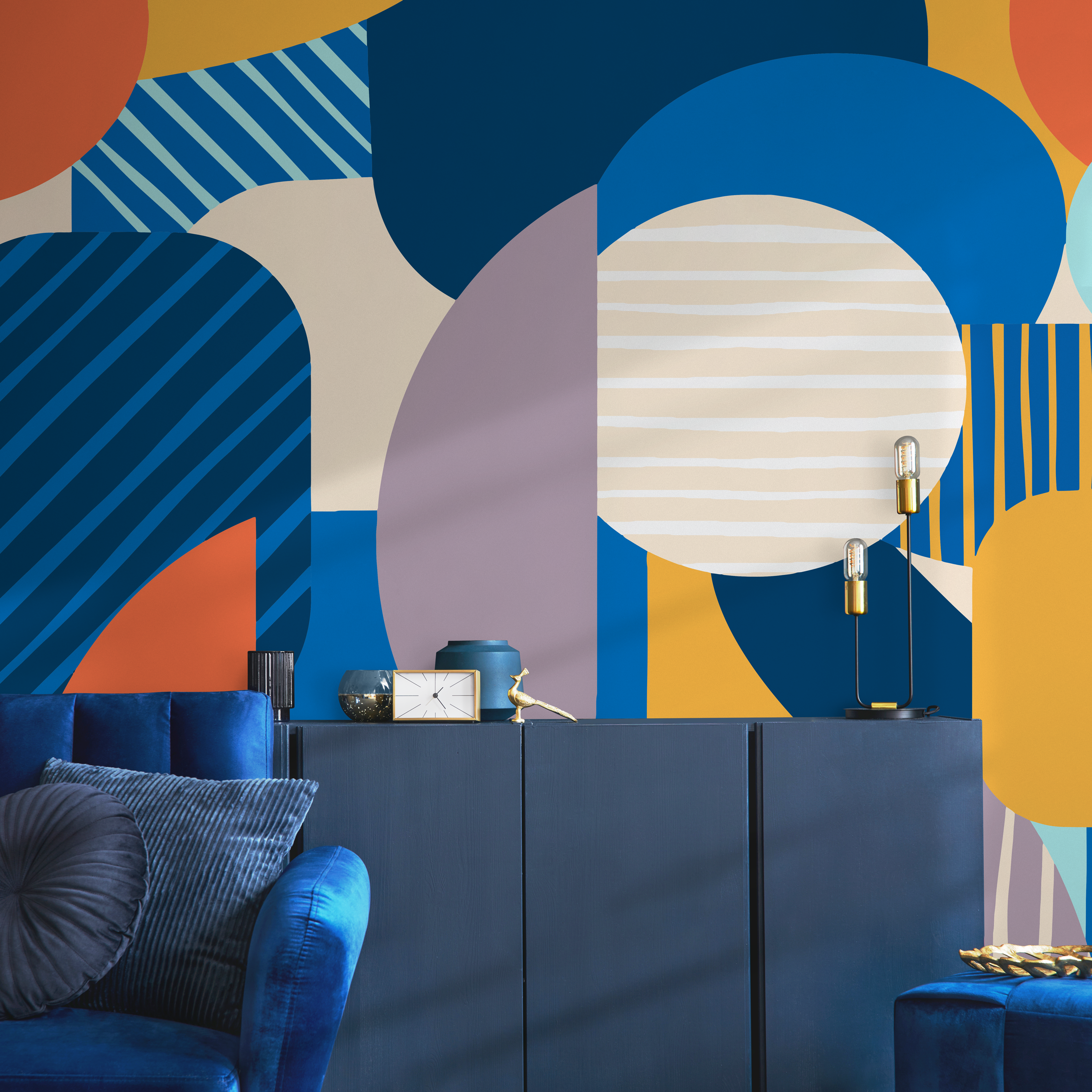 Abstract Geometric Wallpaper With Layered Circles In Blue, Orange, And Purple - C023