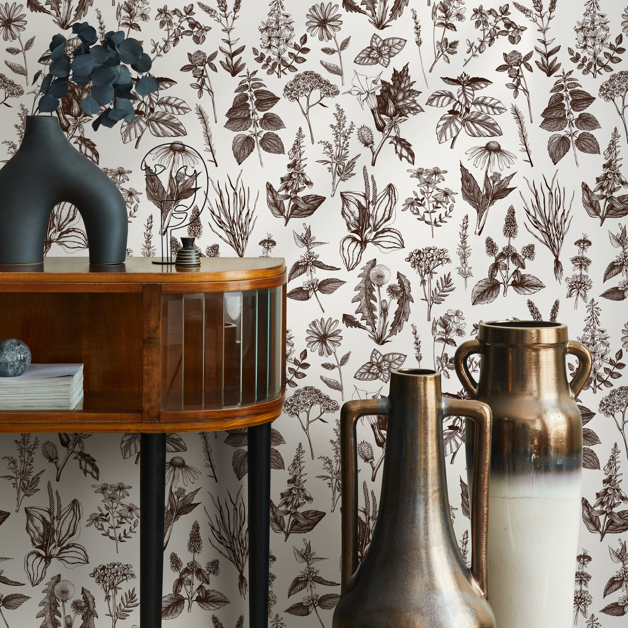 Herbal Wallpaper With Vintage Botanical Illustrations In Brown And White - C024
