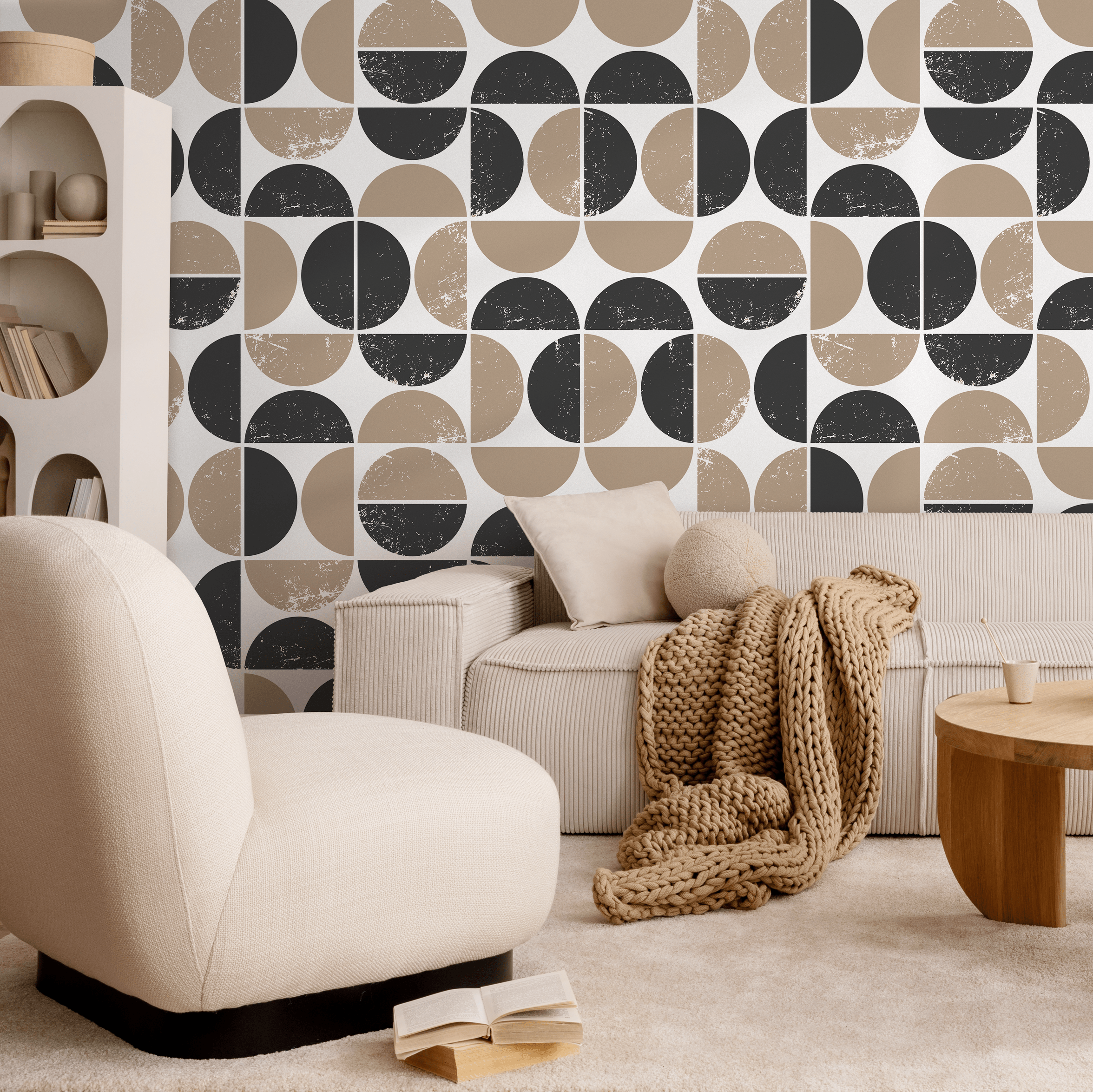 Geometric Wallpaper With A Distressed Circle Motif In Black And Beige - C028