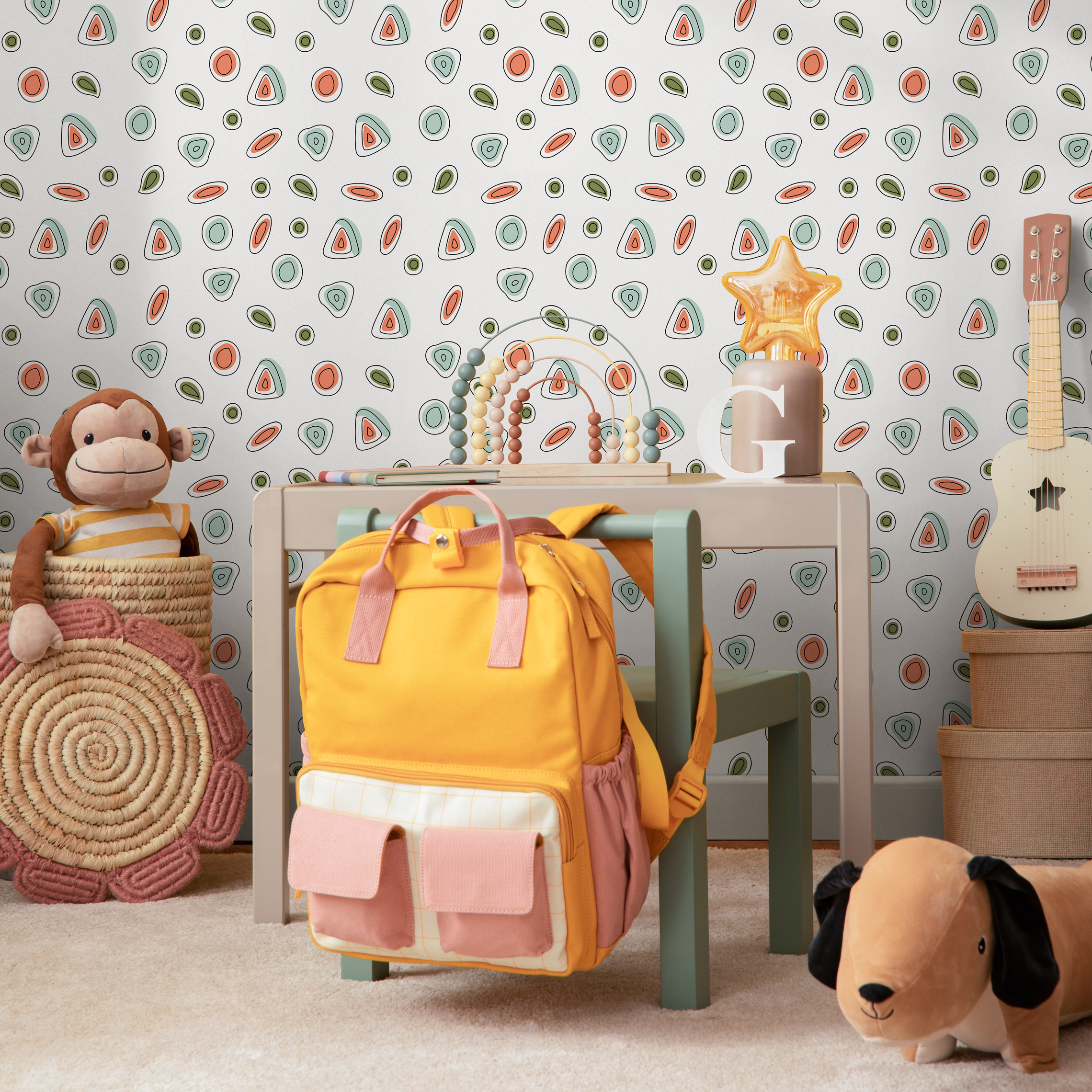 Abstract Wallpaper With Organic Shapes In Blue, Orange, And Green - C031