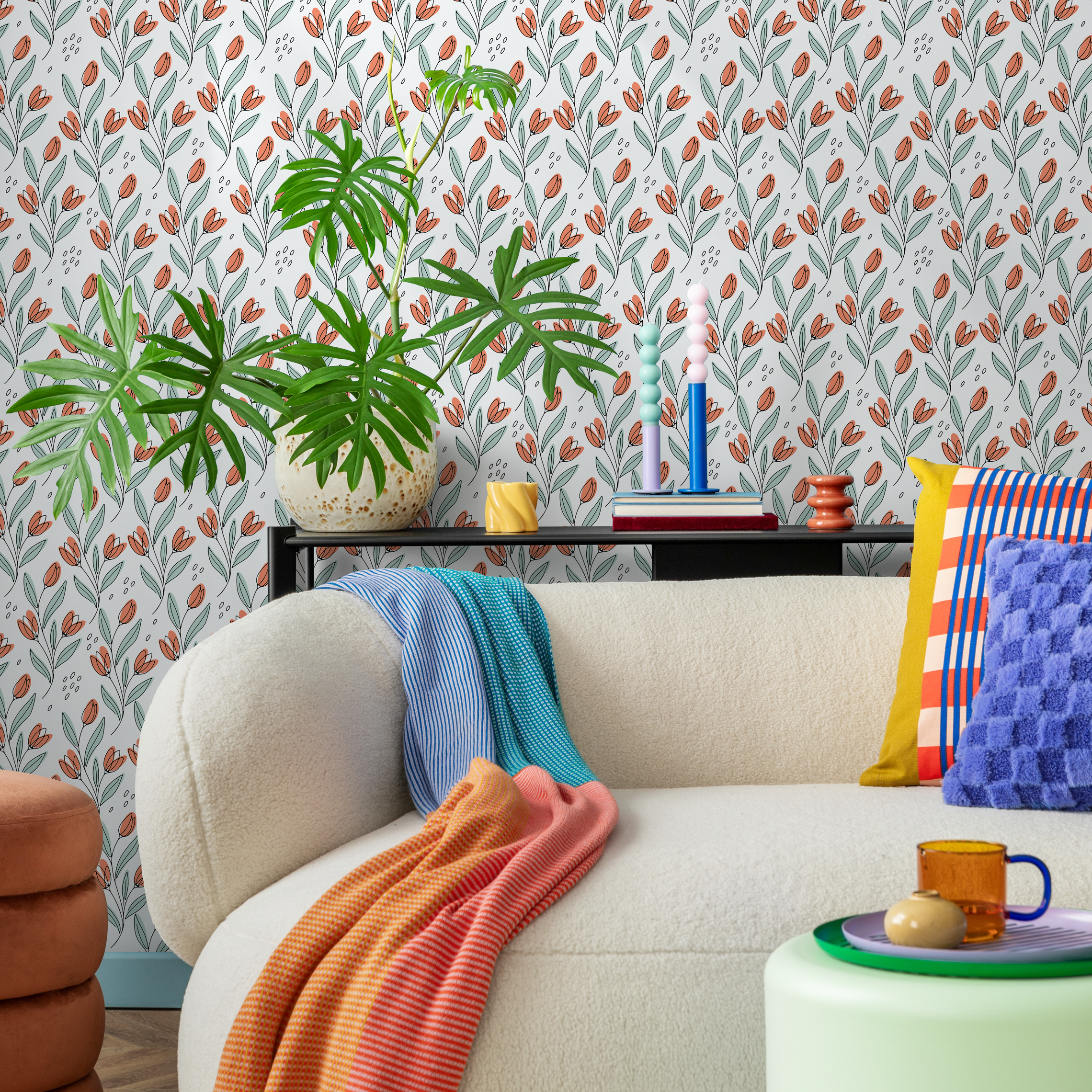 Floral Wallpaper Featuring Stylized Tulips In Orange, Green, And Black - C032