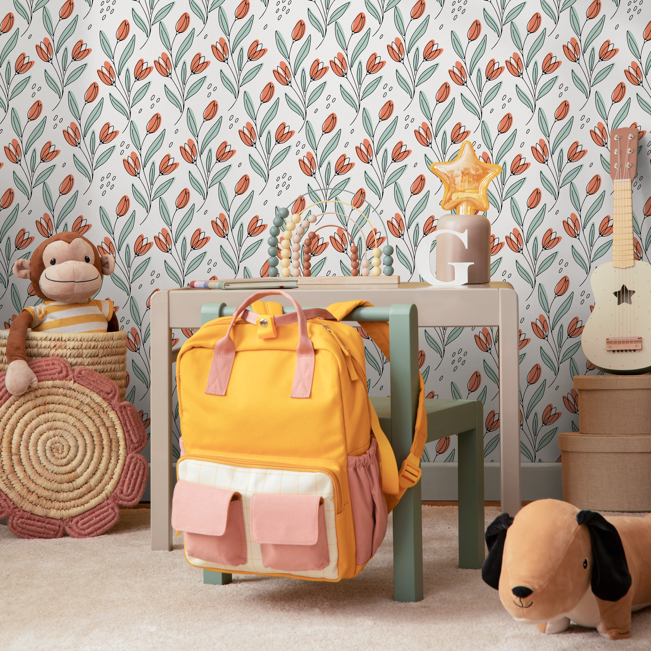 Floral Wallpaper Featuring Stylized Tulips In Orange, Green, And Black - C032