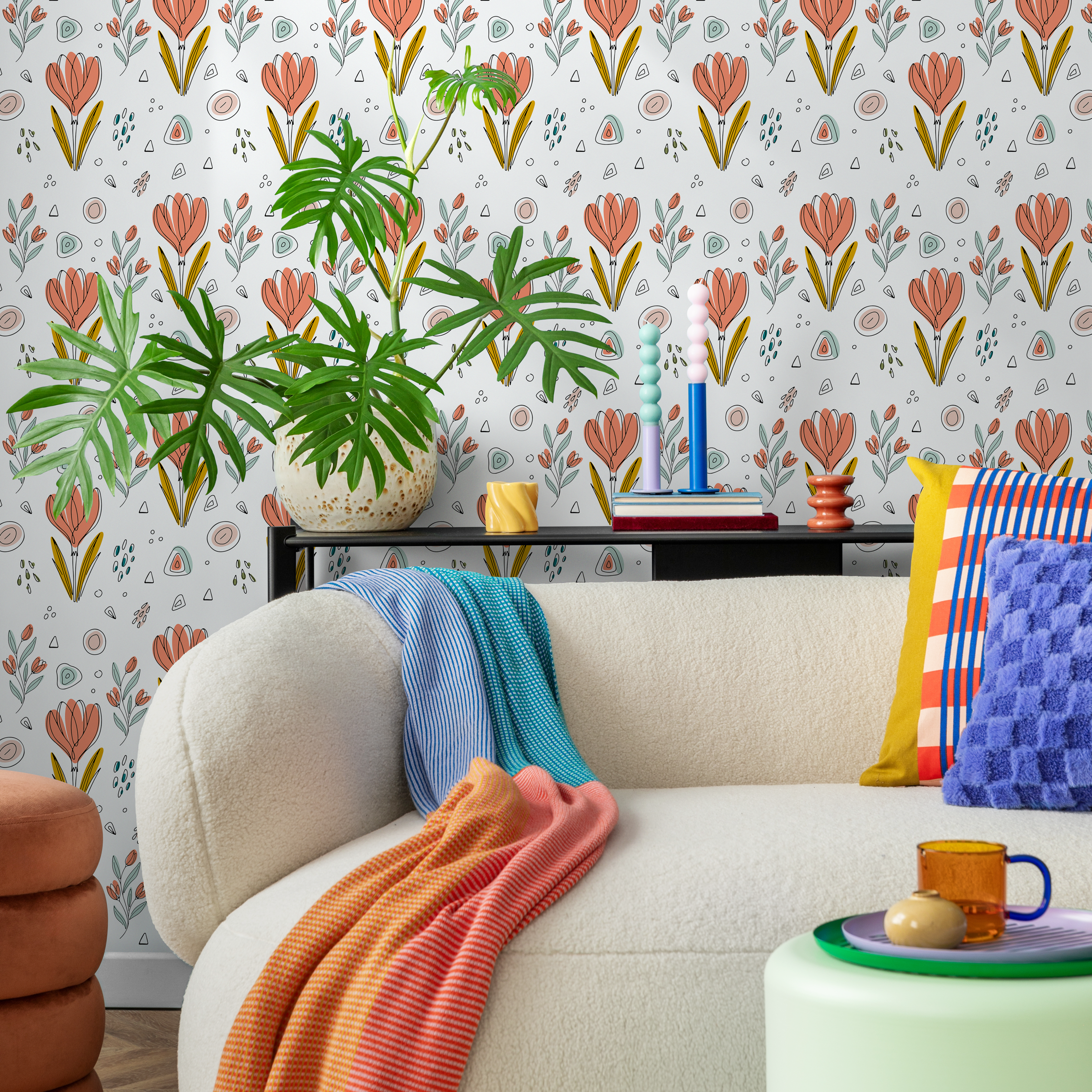 Scandinavian Wallpaper With Stylized Tulips In Coral, Teal, And Mustard Yellow - C033
