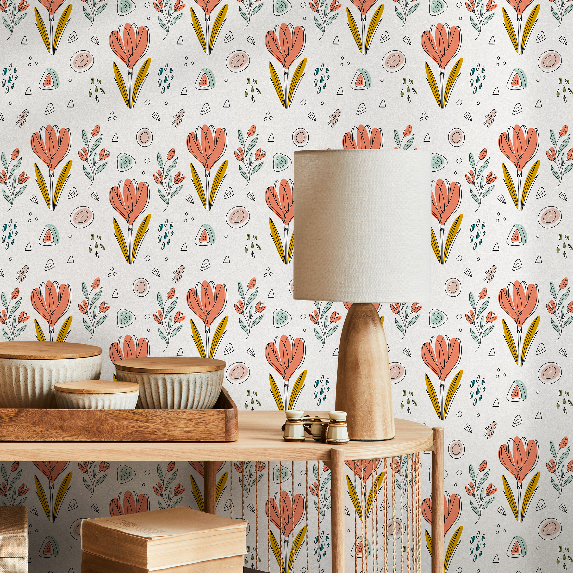 Scandinavian Wallpaper With Stylized Tulips In Coral, Teal, And Mustard Yellow - C033