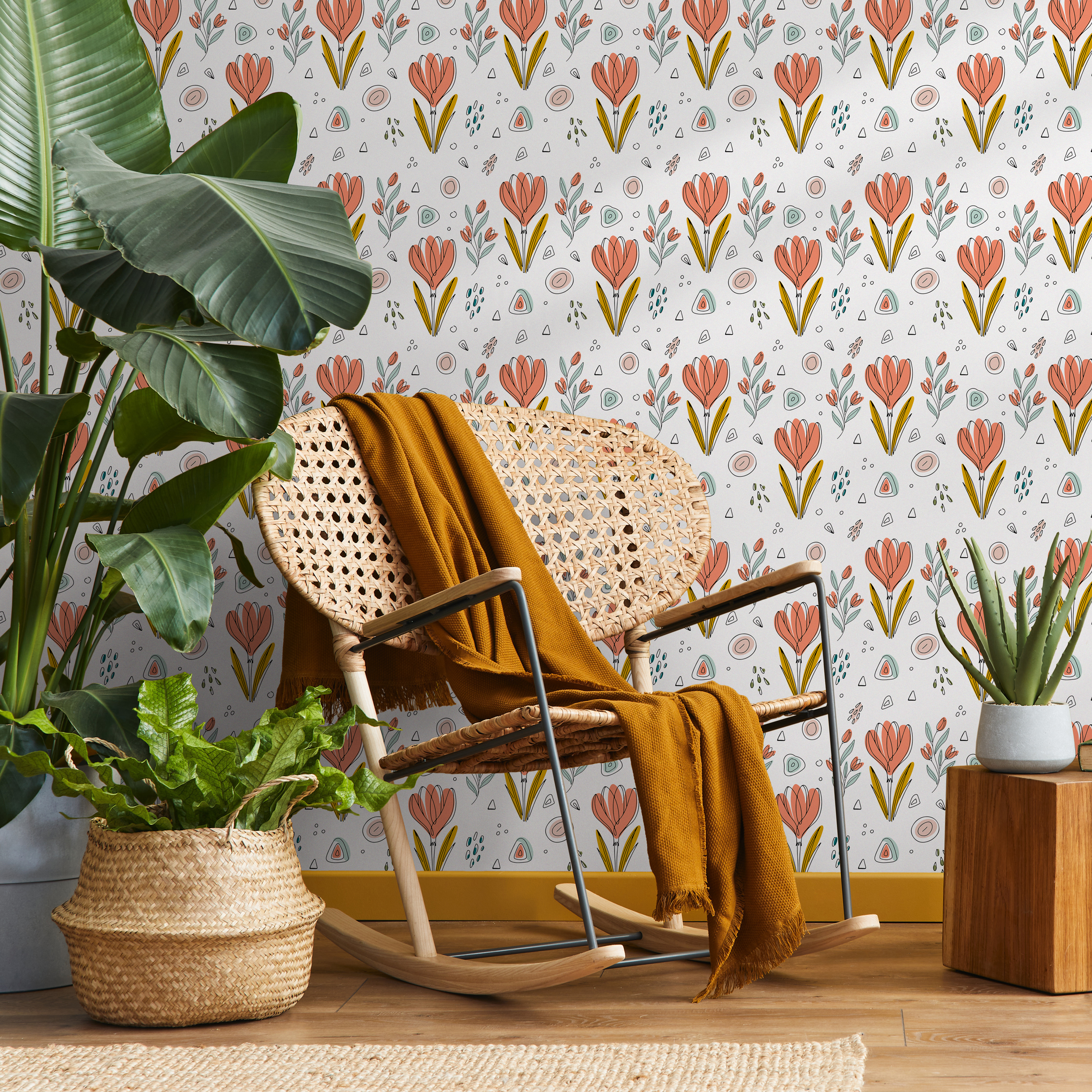 Scandinavian Wallpaper With Stylized Tulips In Coral, Teal, And Mustard Yellow - C033