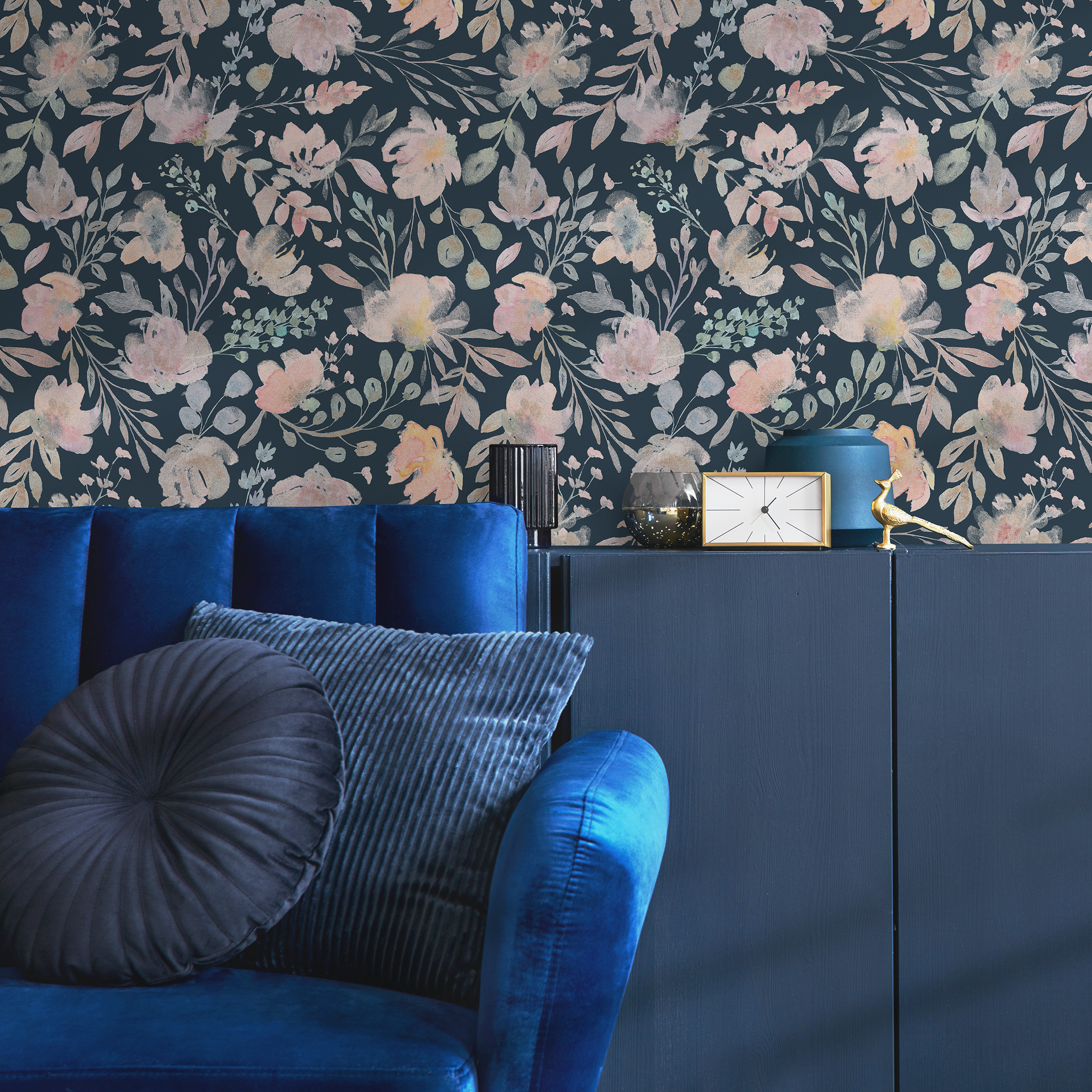 Floral Wallpaper With Watercolor Blooms In Dark Blue, Pink, And Green - C034