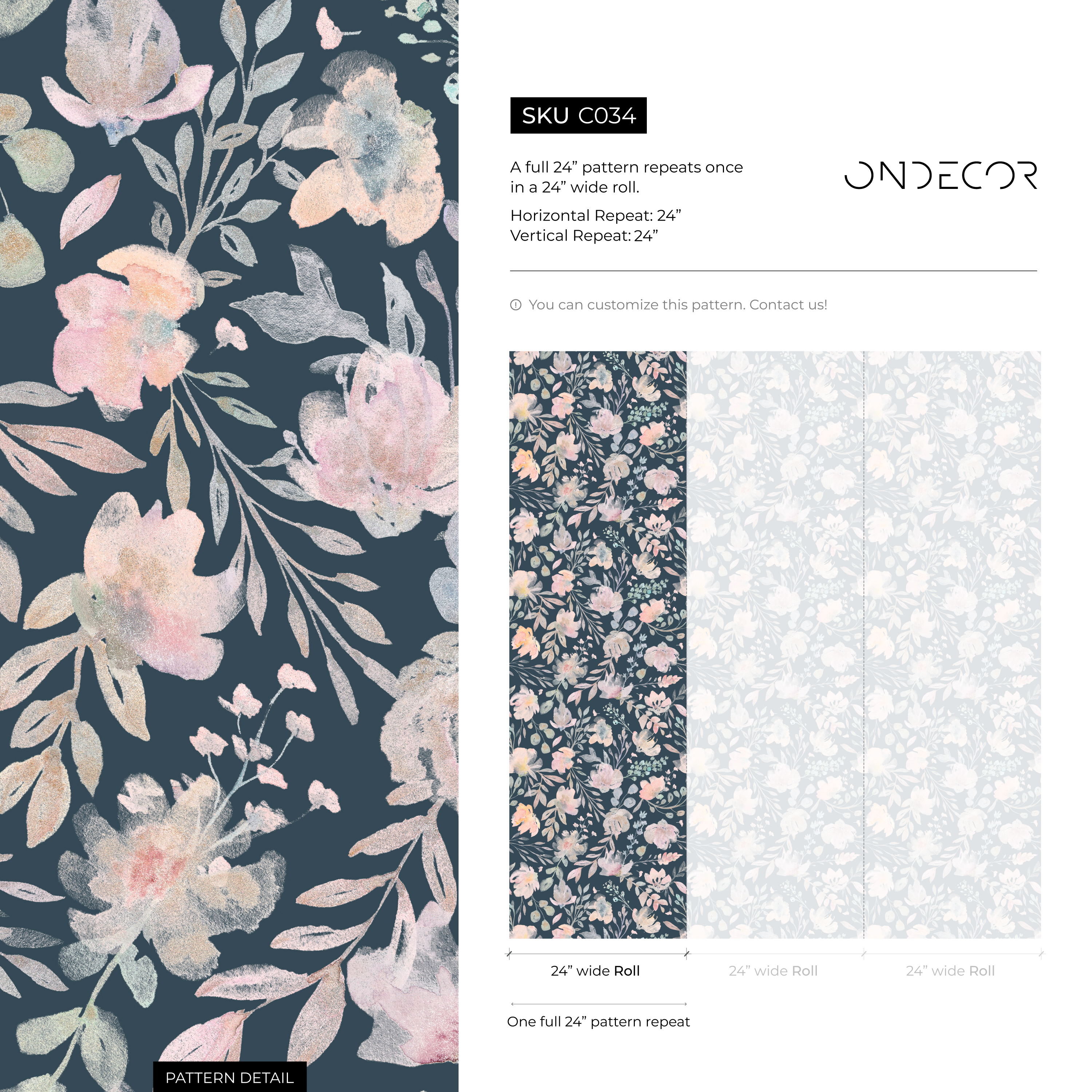 Floral Wallpaper With Watercolor Blooms In Dark Blue, Pink, And Green - C034