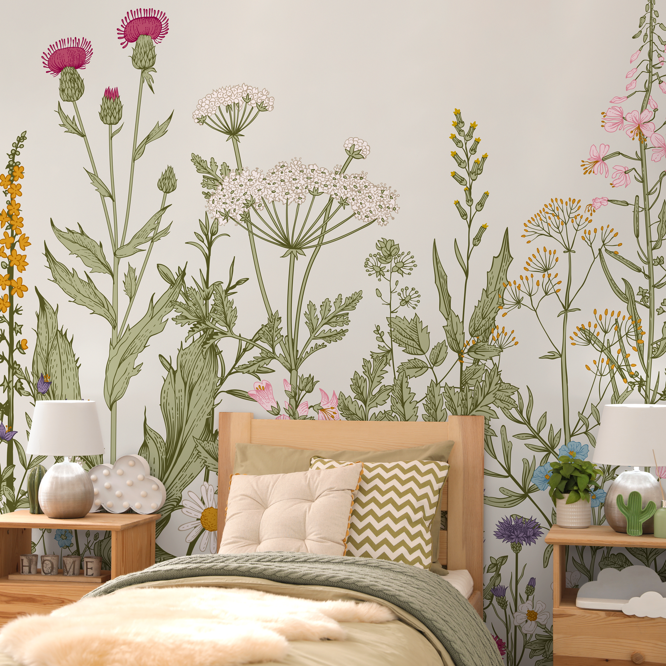 Botanical Wallpaper Featuring A Wildflower Meadow In Green, Pink, And Blue - C038