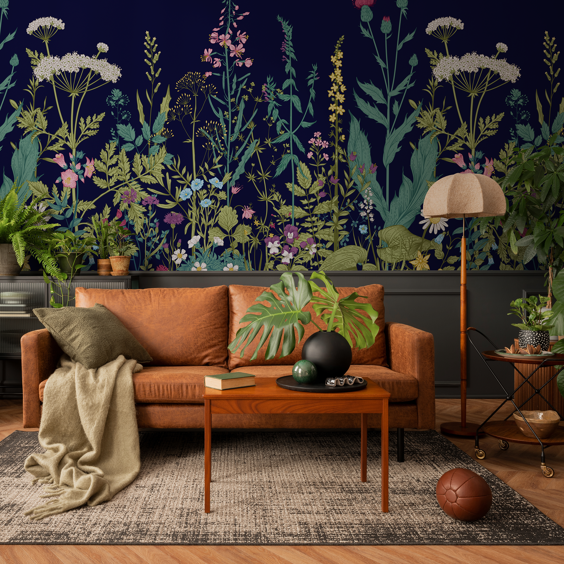 Botanical Wallpaper Featuring A Wildflower Meadow In Navy Blue, Green, And Pink - C039