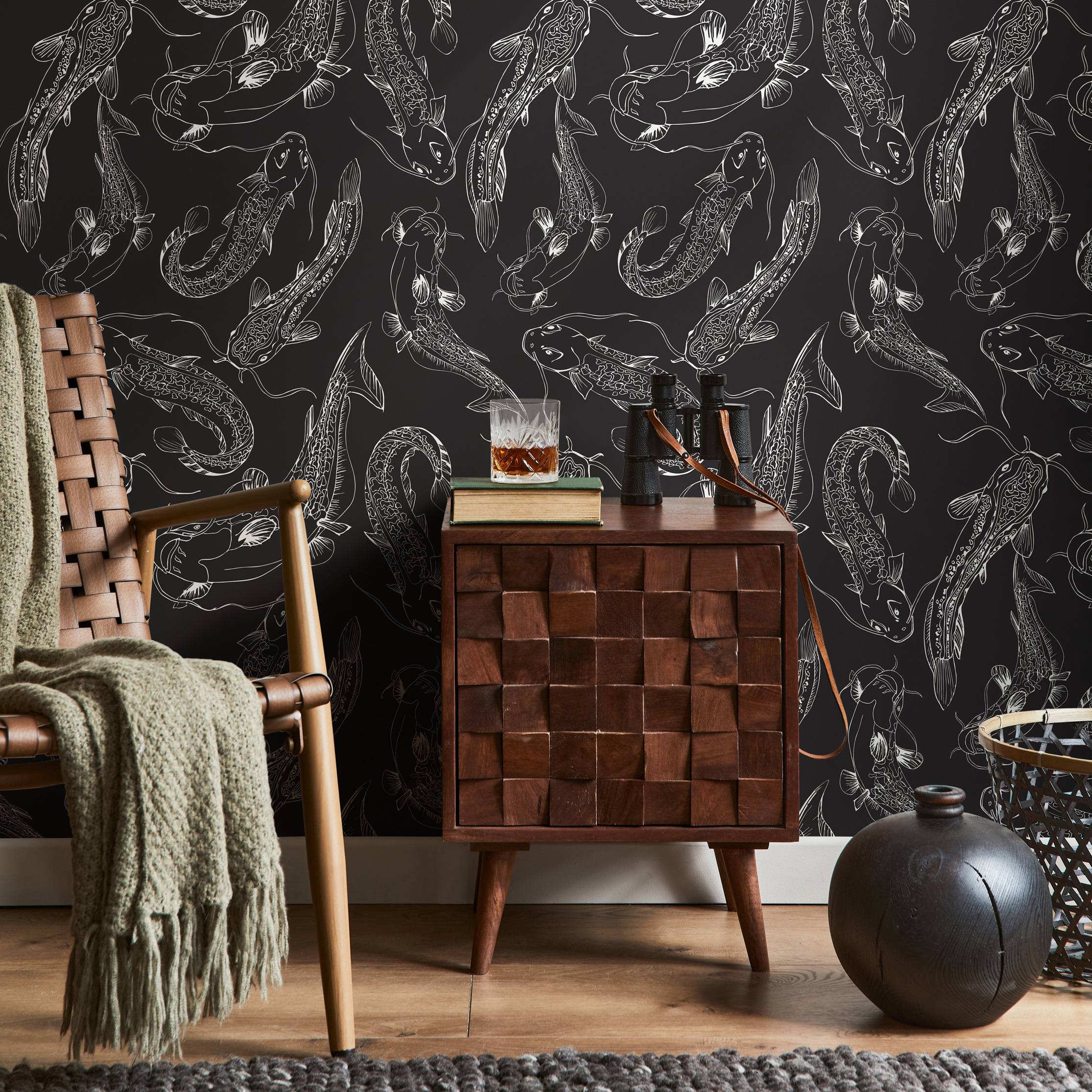 Koi Fish Wallpaper Featuring Illustrative Fish In Black And White - C040