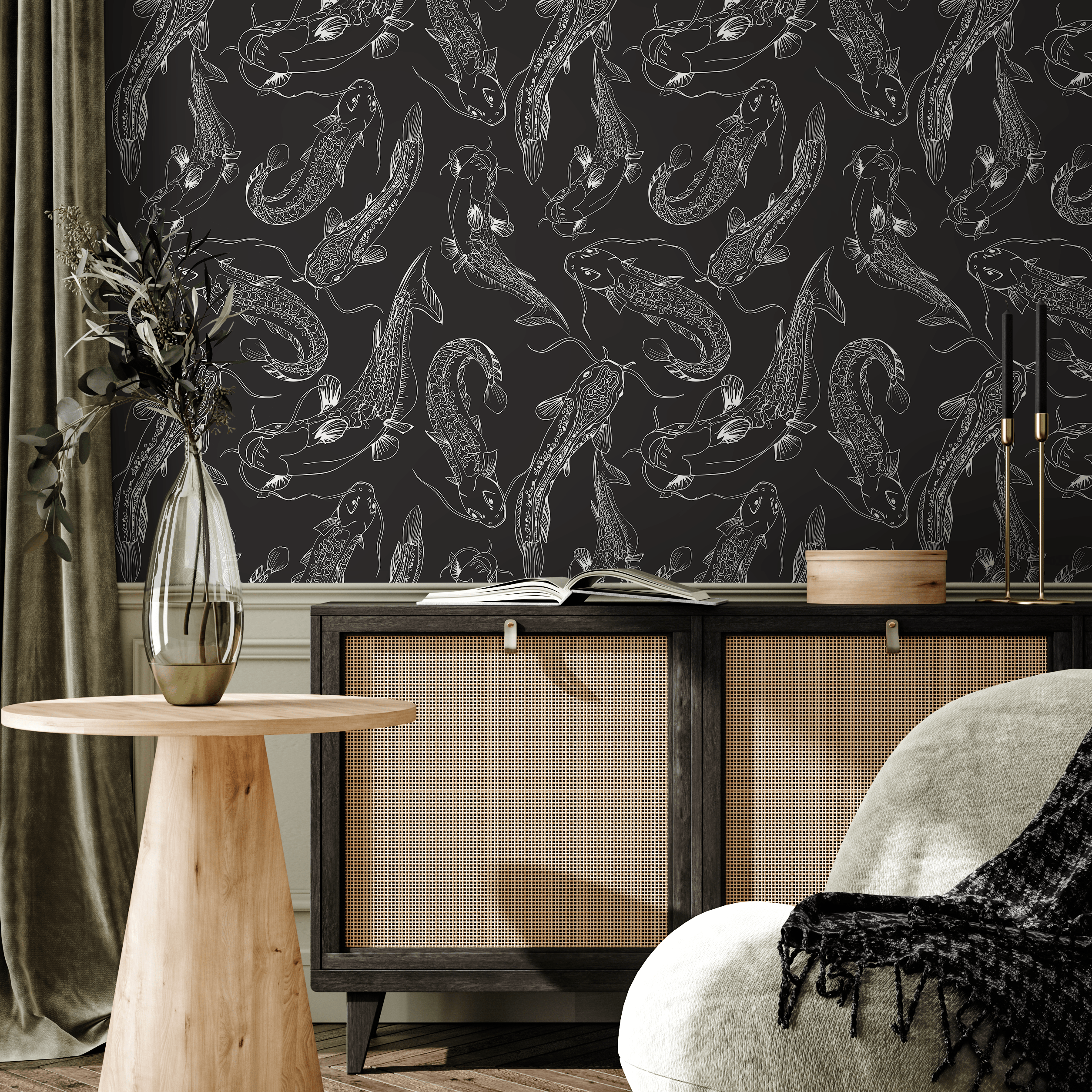 Koi Fish Wallpaper Featuring Illustrative Fish In Black And White - C040