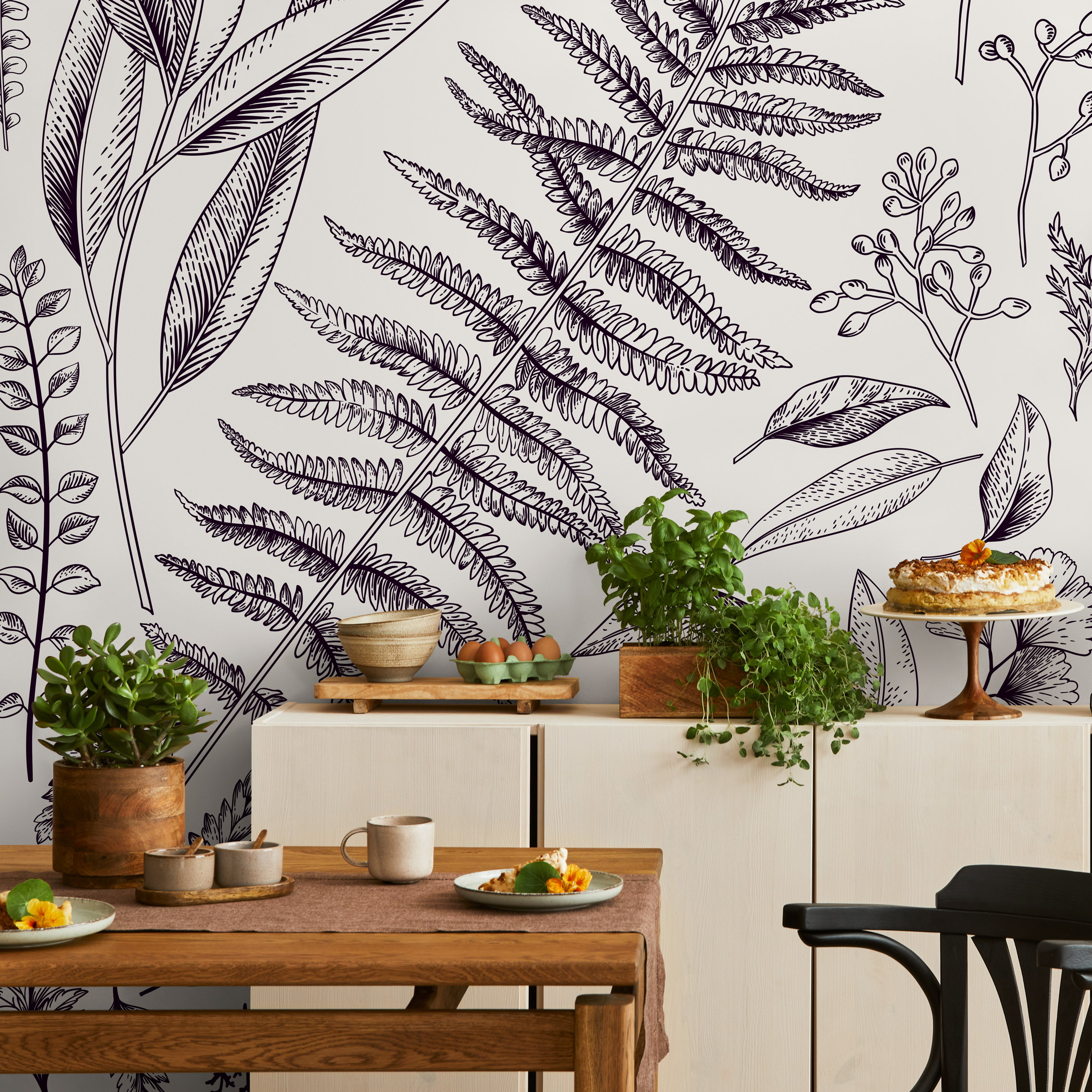 Botanical Wallpaper With An Illustrated Leaf Motif In Black And Beige - C041