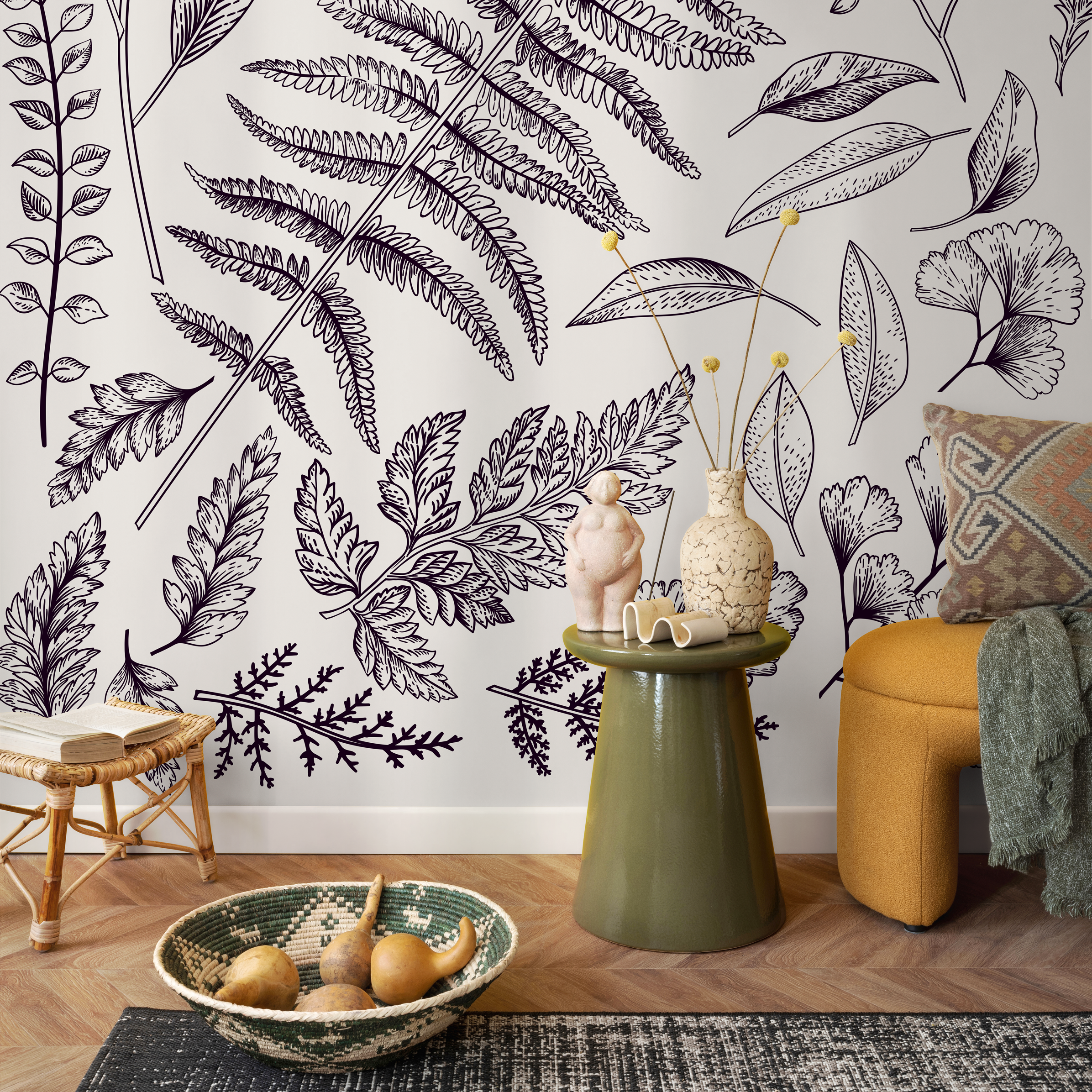 Botanical Wallpaper With An Illustrated Leaf Motif In Black And Beige - C041