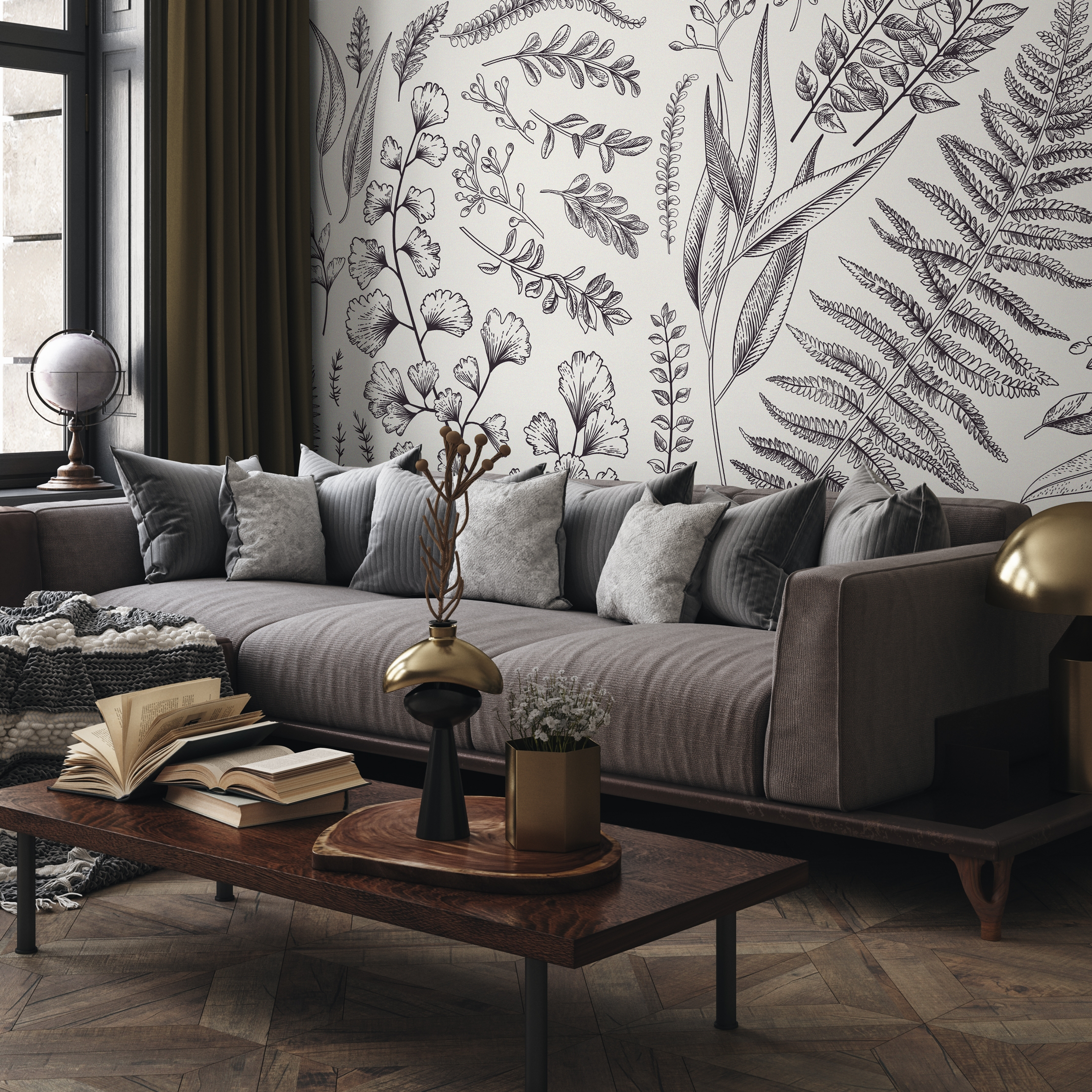 Botanical Wallpaper With Ginkgo And Fern Line Art In Black And White - C042