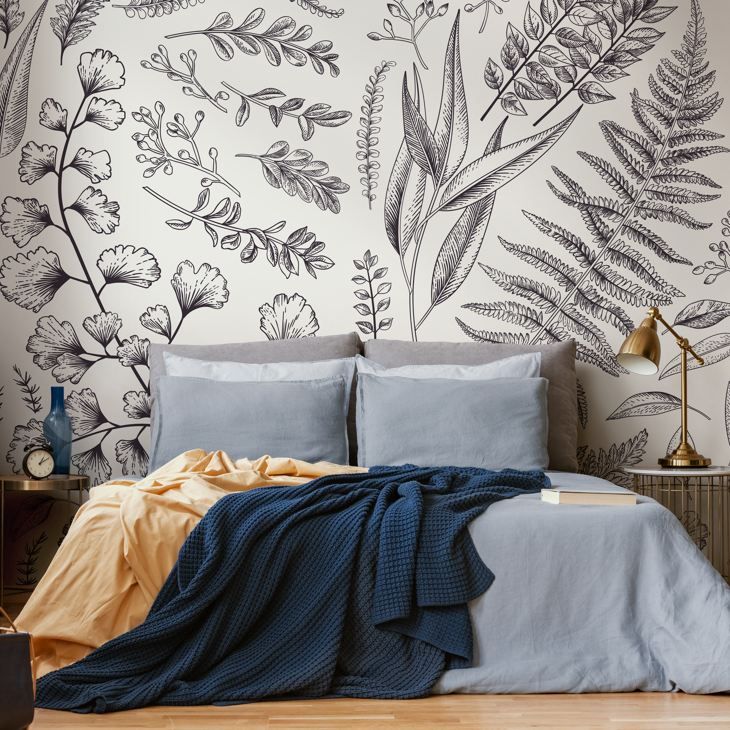 Botanical Wallpaper With Ginkgo And Fern Line Art In Black And White - C042